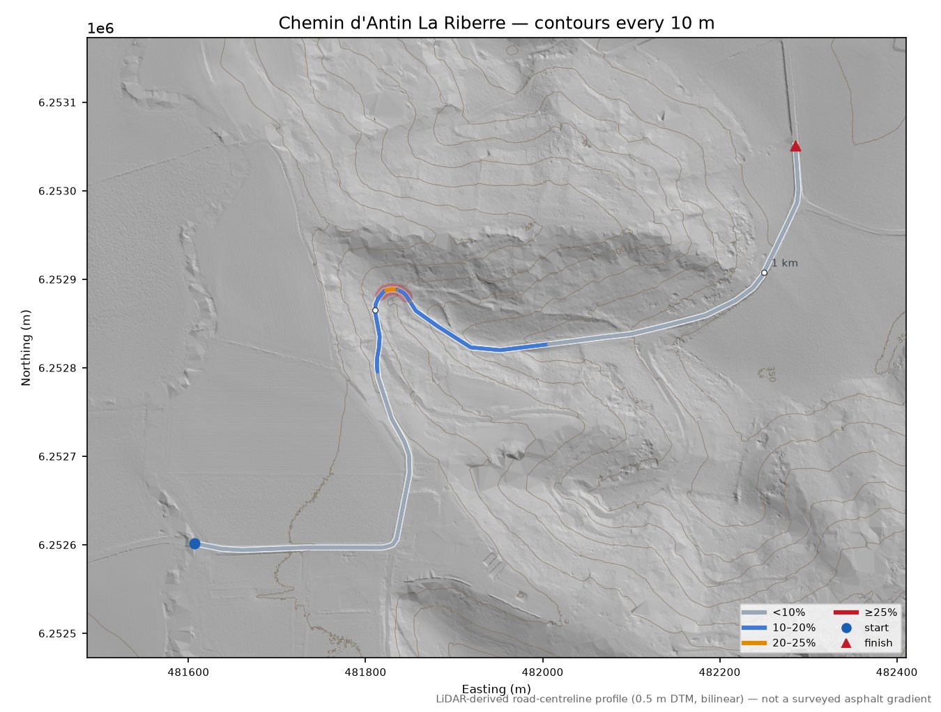 Chemin d'Antin La Riberre LiDAR hillshade map with contours