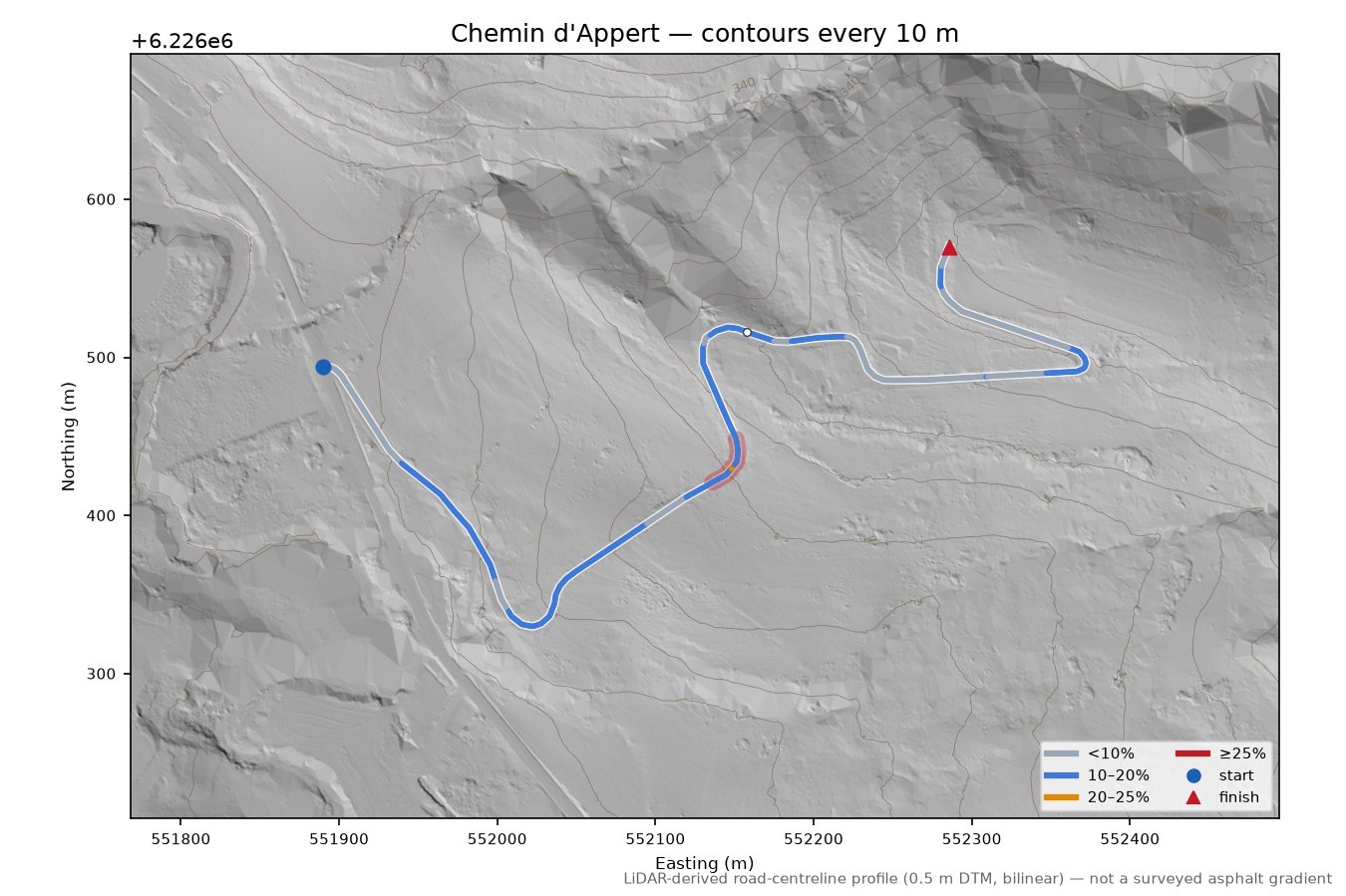 Chemin d'Appert LiDAR hillshade map with contours