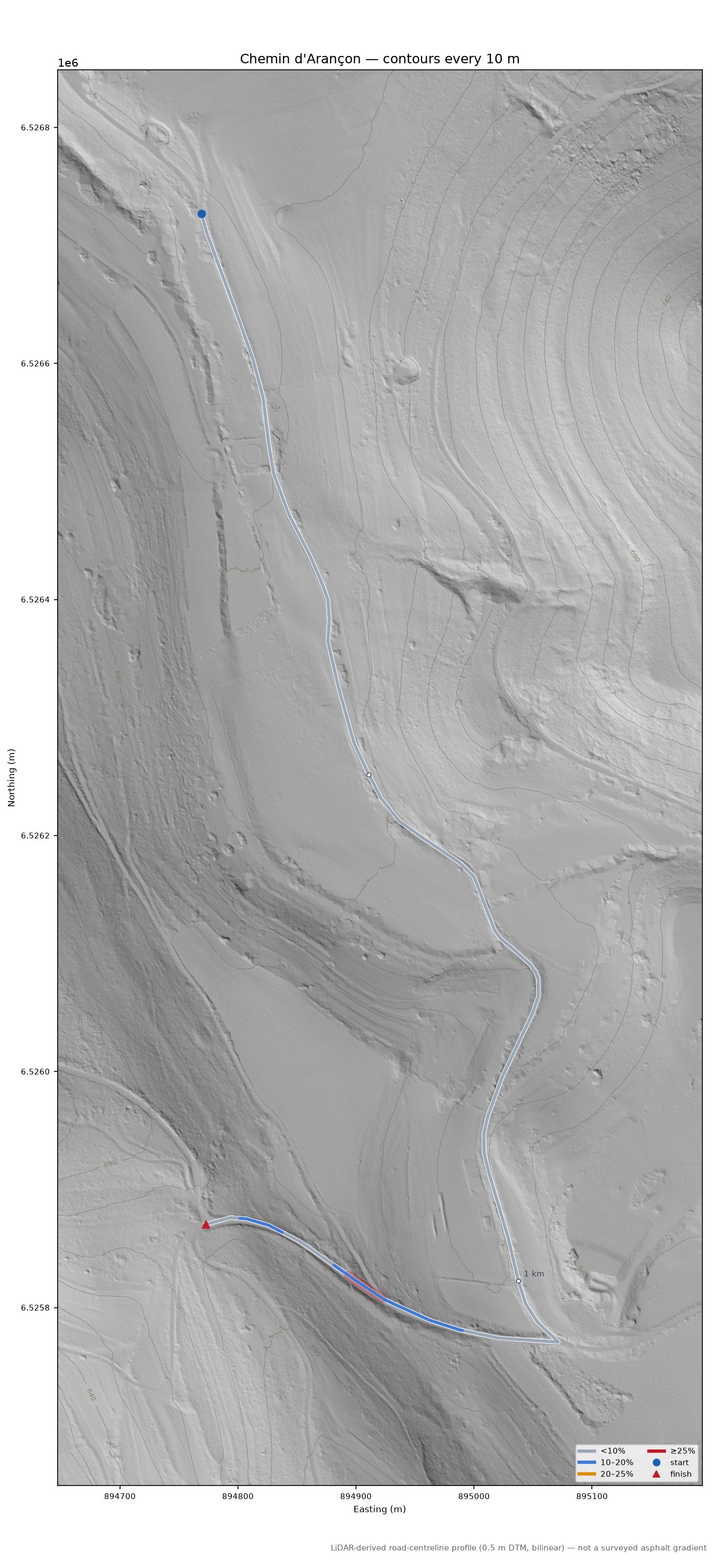 Chemin d'Arançon LiDAR hillshade map with contours