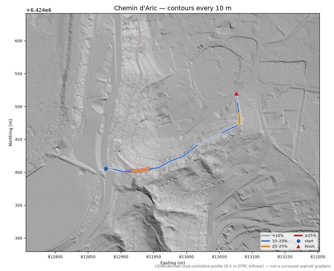 Chemin d'Aric LiDAR hillshade map with contours
