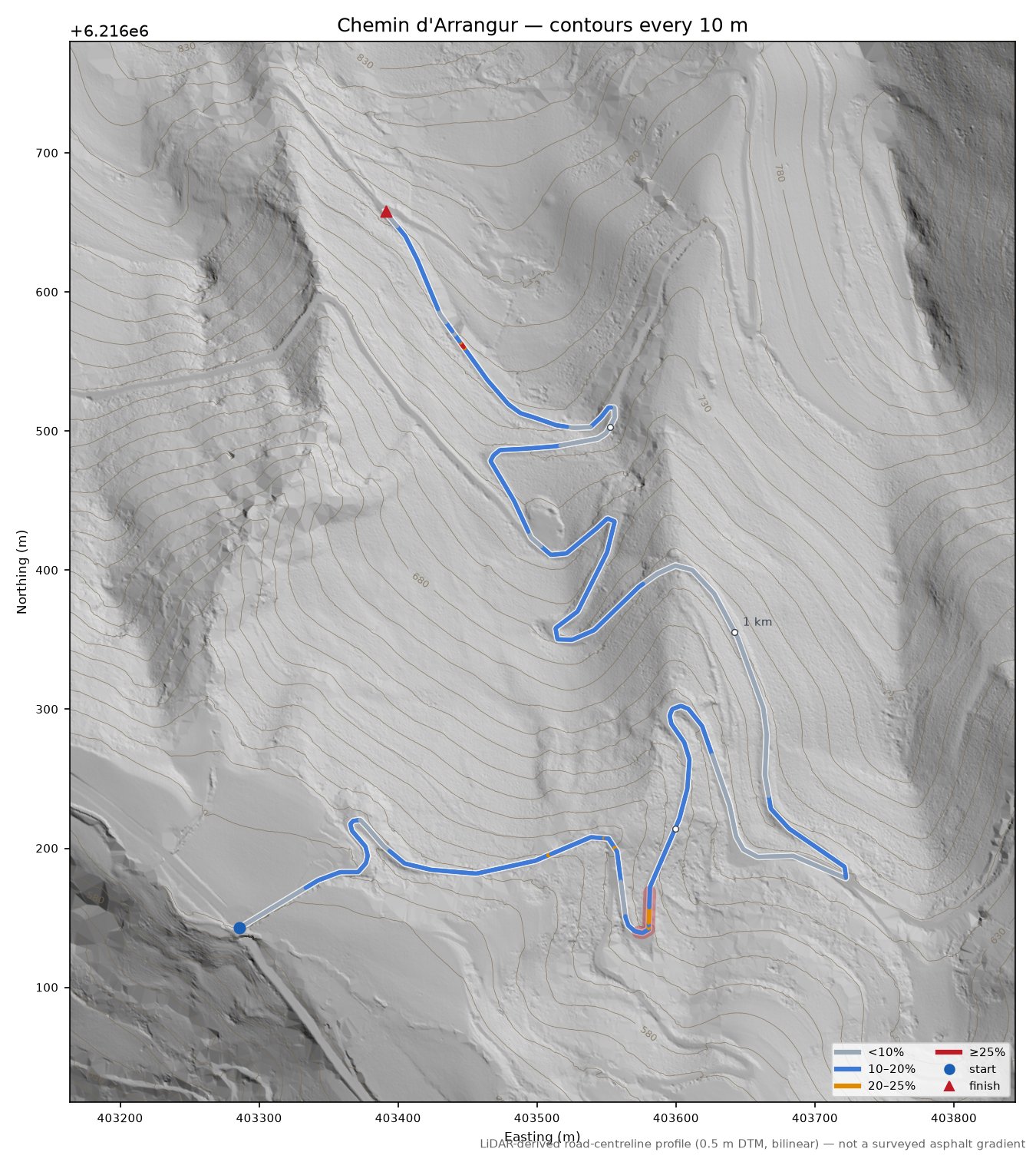 Chemin d'Arrangur LiDAR hillshade map with contours