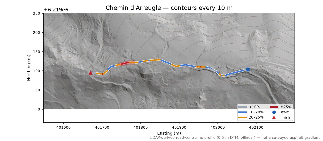 Chemin d'Arreugle LiDAR hillshade map with contours