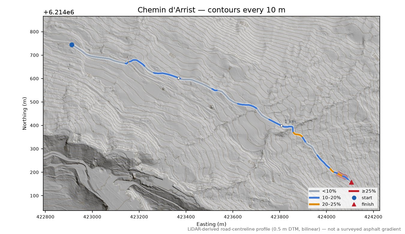 Chemin d'Arrist LiDAR hillshade map with contours