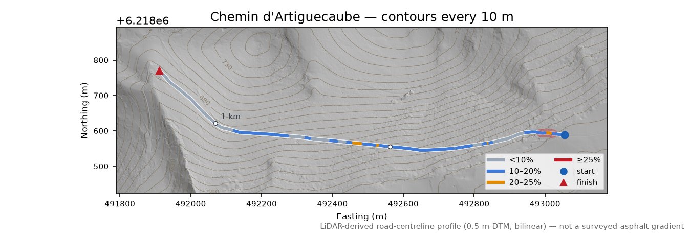 Chemin d'Artiguecaube LiDAR hillshade map with contours