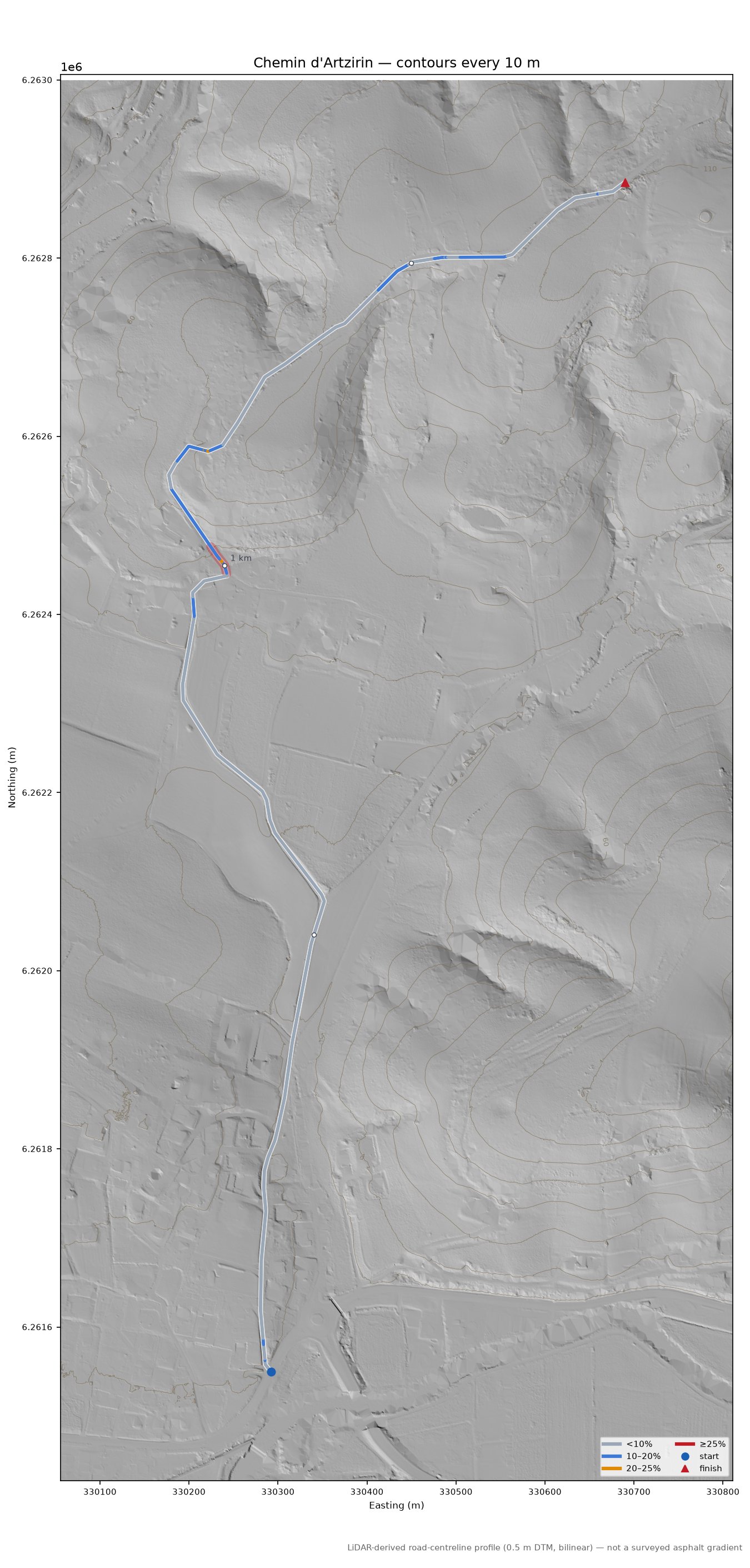 Chemin d'Artzirin LiDAR hillshade map with contours