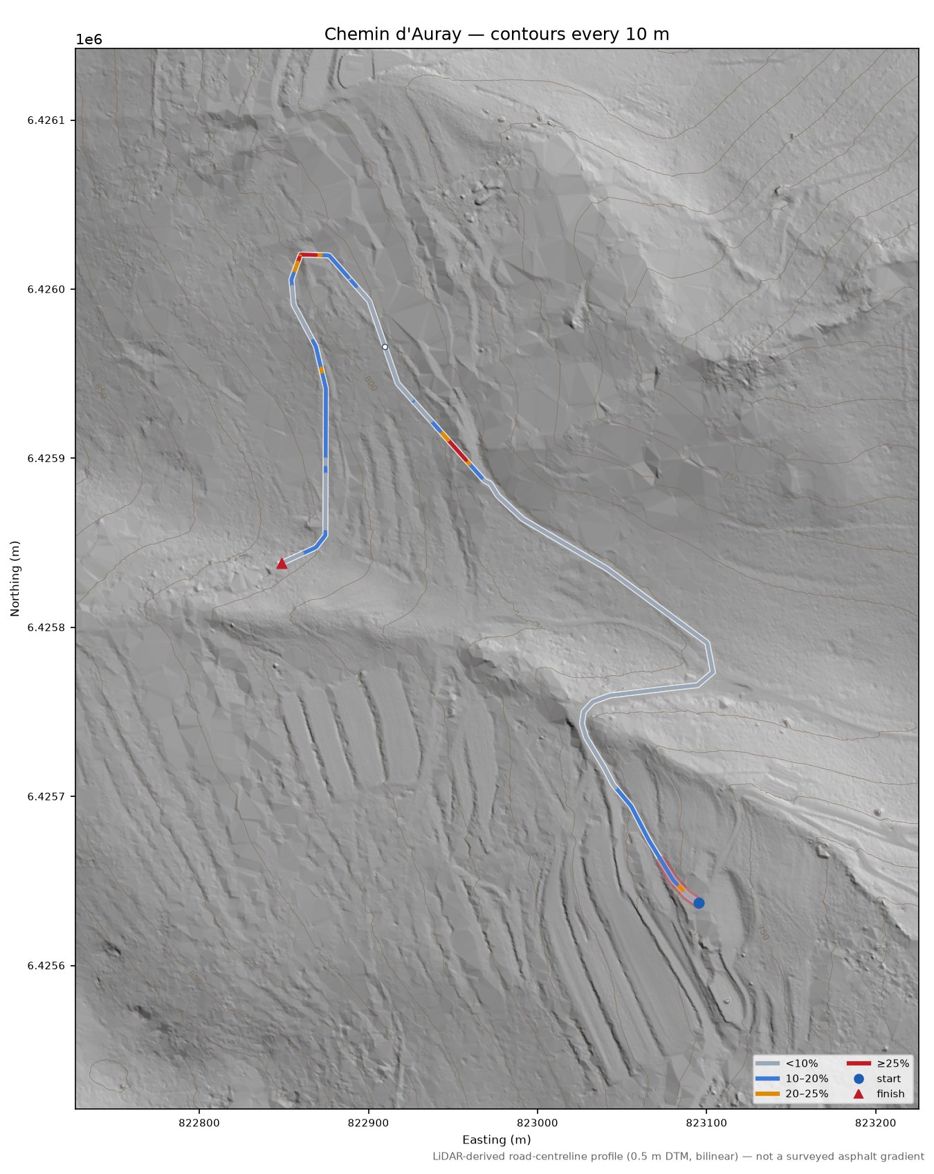 Chemin d'Auray LiDAR hillshade map with contours