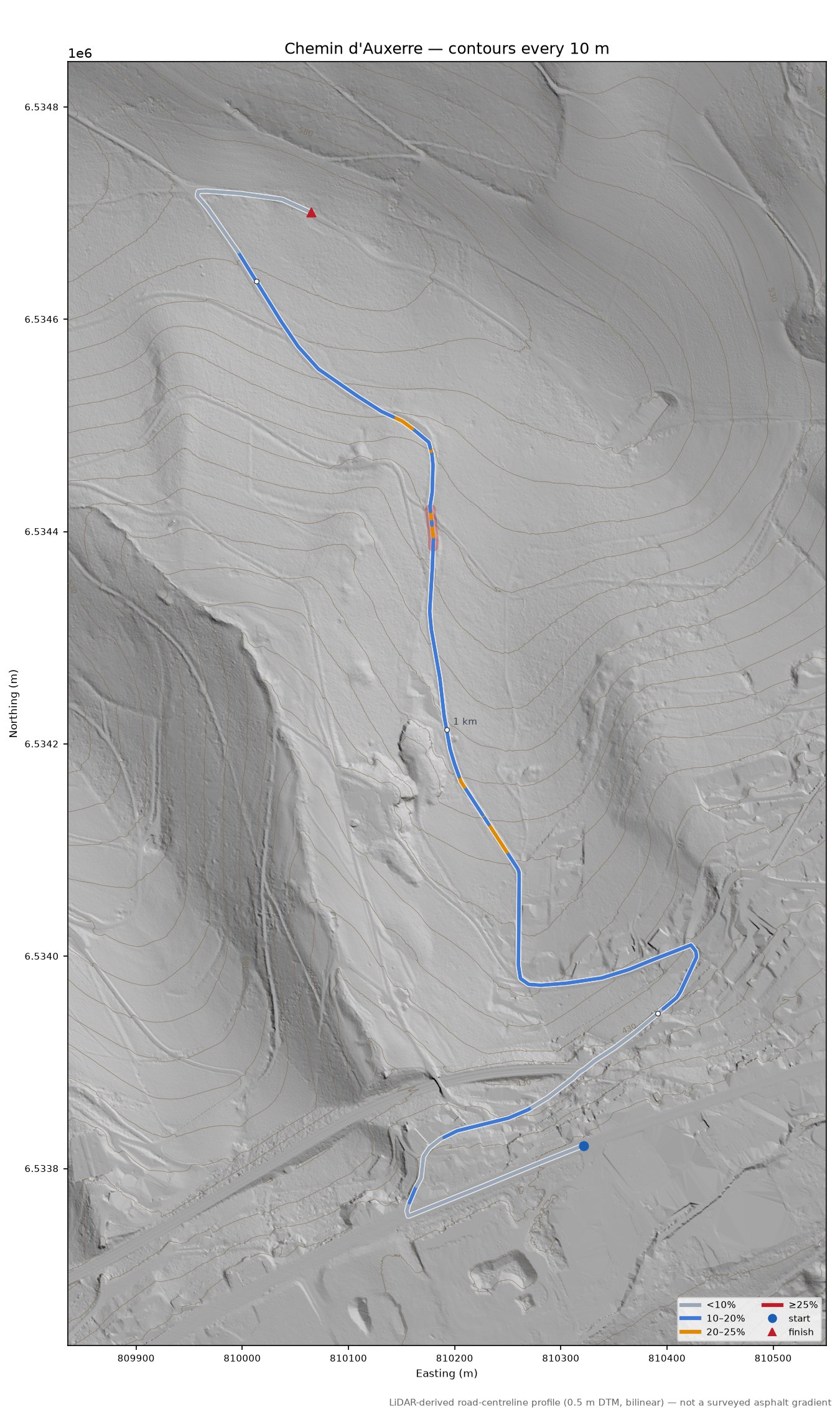 Chemin d'Auxerre LiDAR hillshade map with contours