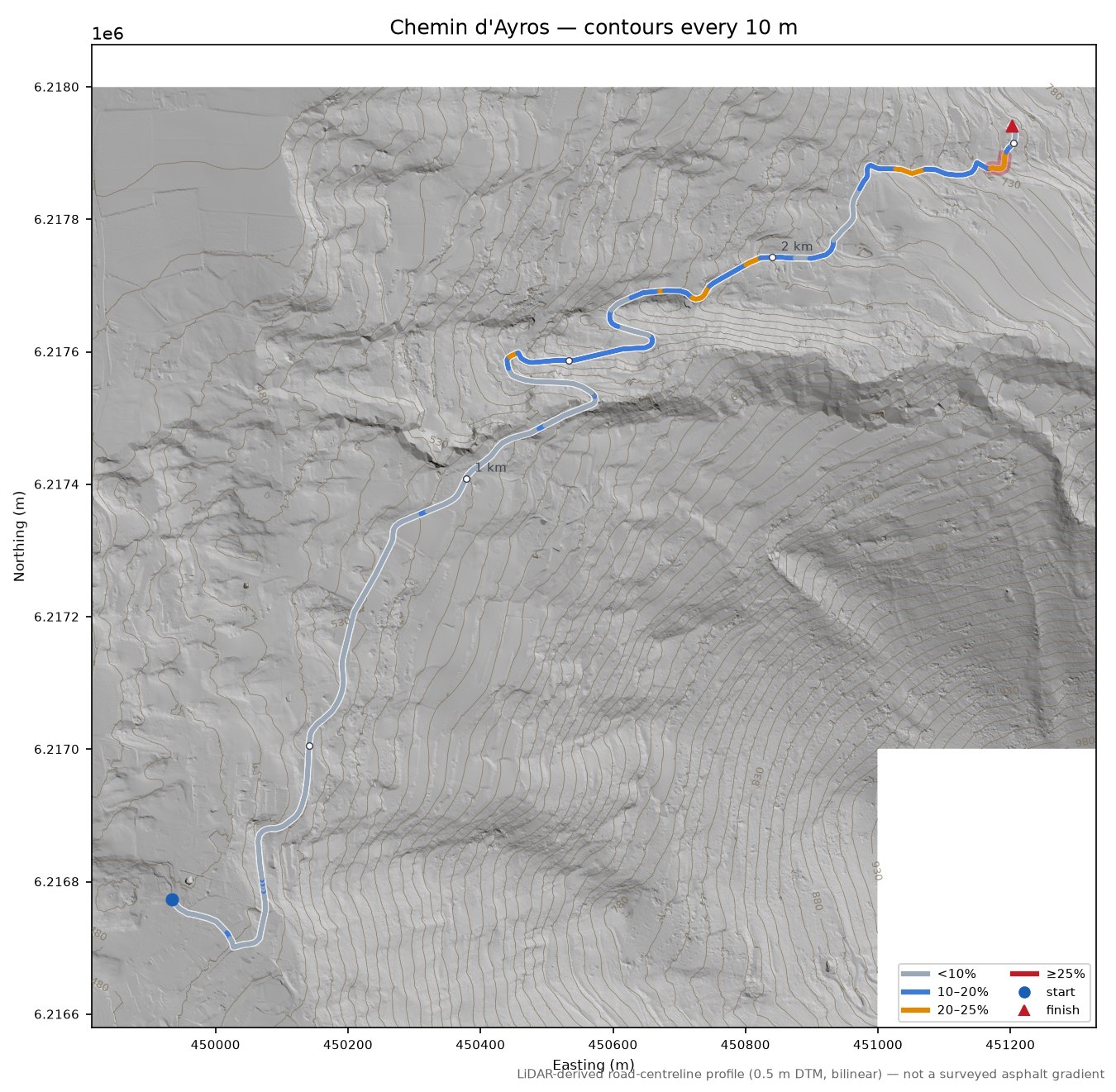 Chemin d'Ayros LiDAR hillshade map with contours