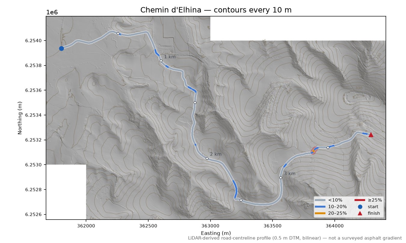 Chemin d'Elhina LiDAR hillshade map with contours