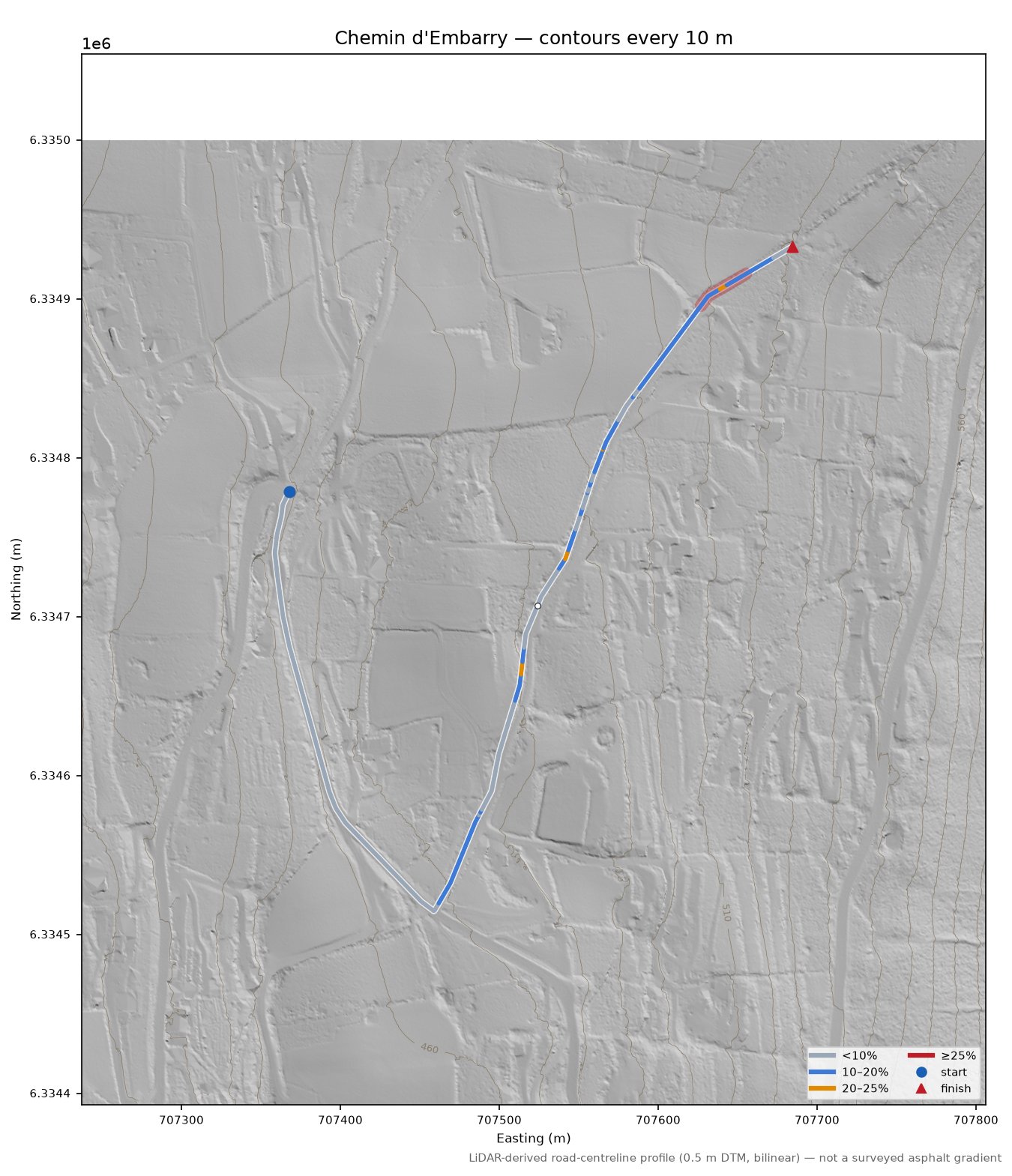 Chemin d'Embarry LiDAR hillshade map with contours