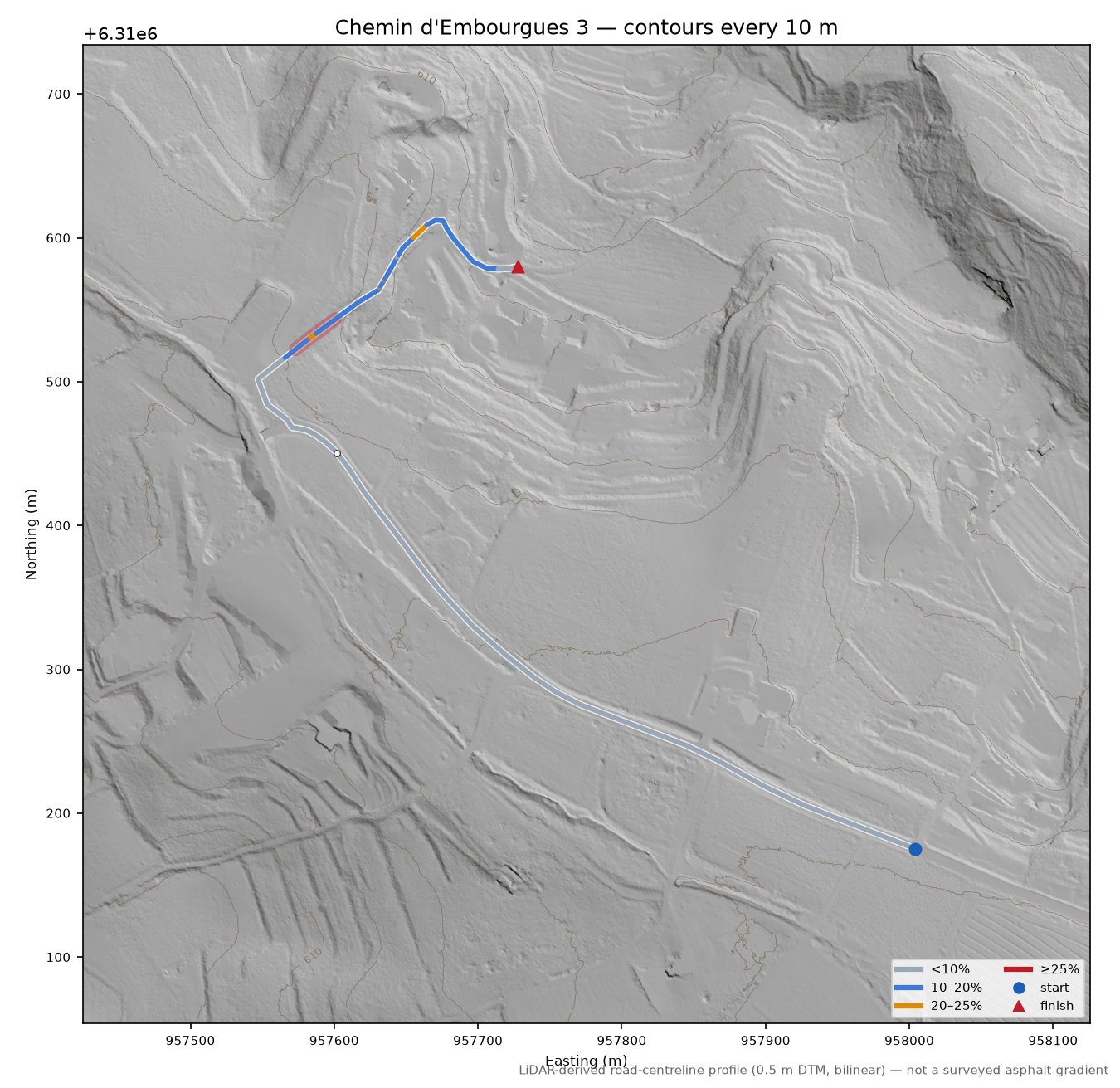 Chemin d'Embourgues 3 LiDAR hillshade map with contours