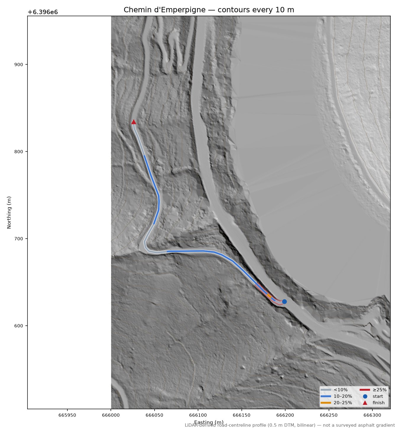 Chemin d'Emperpigne LiDAR hillshade map with contours
