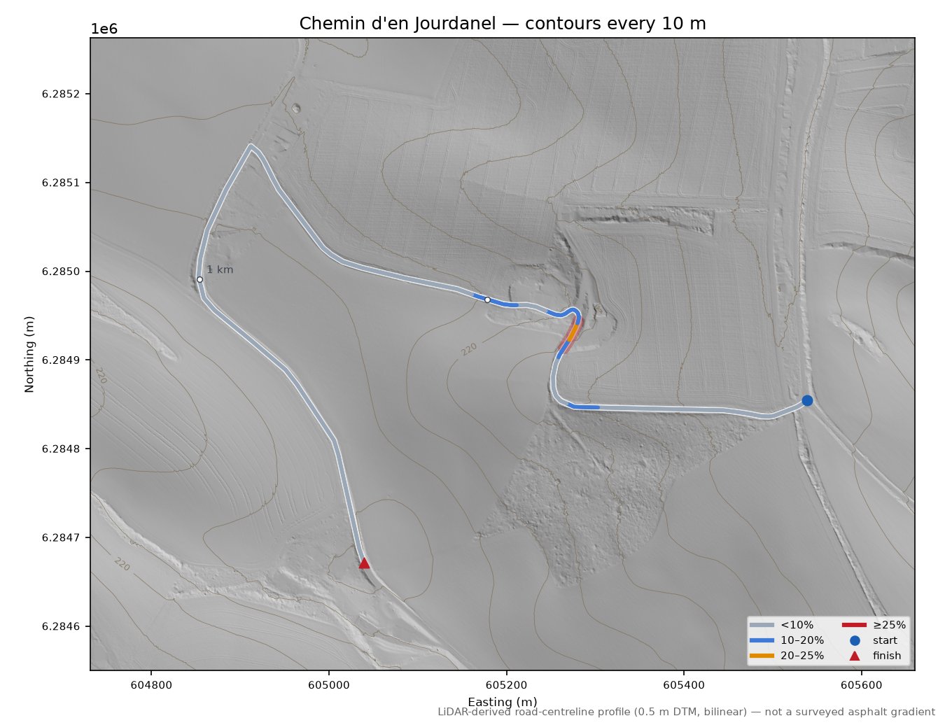 Chemin d'en Jourdanel LiDAR hillshade map with contours