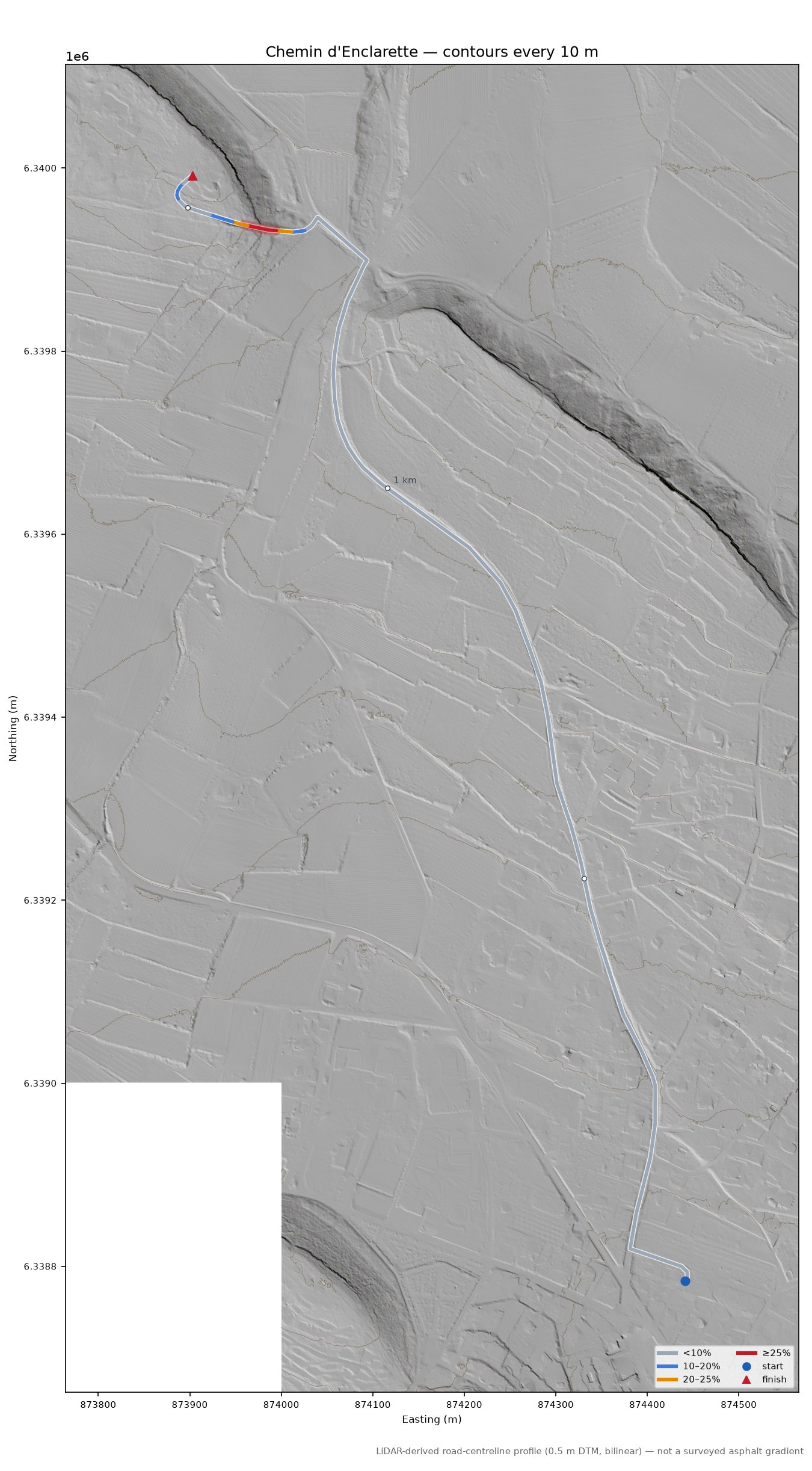Chemin d'Enclarette LiDAR hillshade map with contours