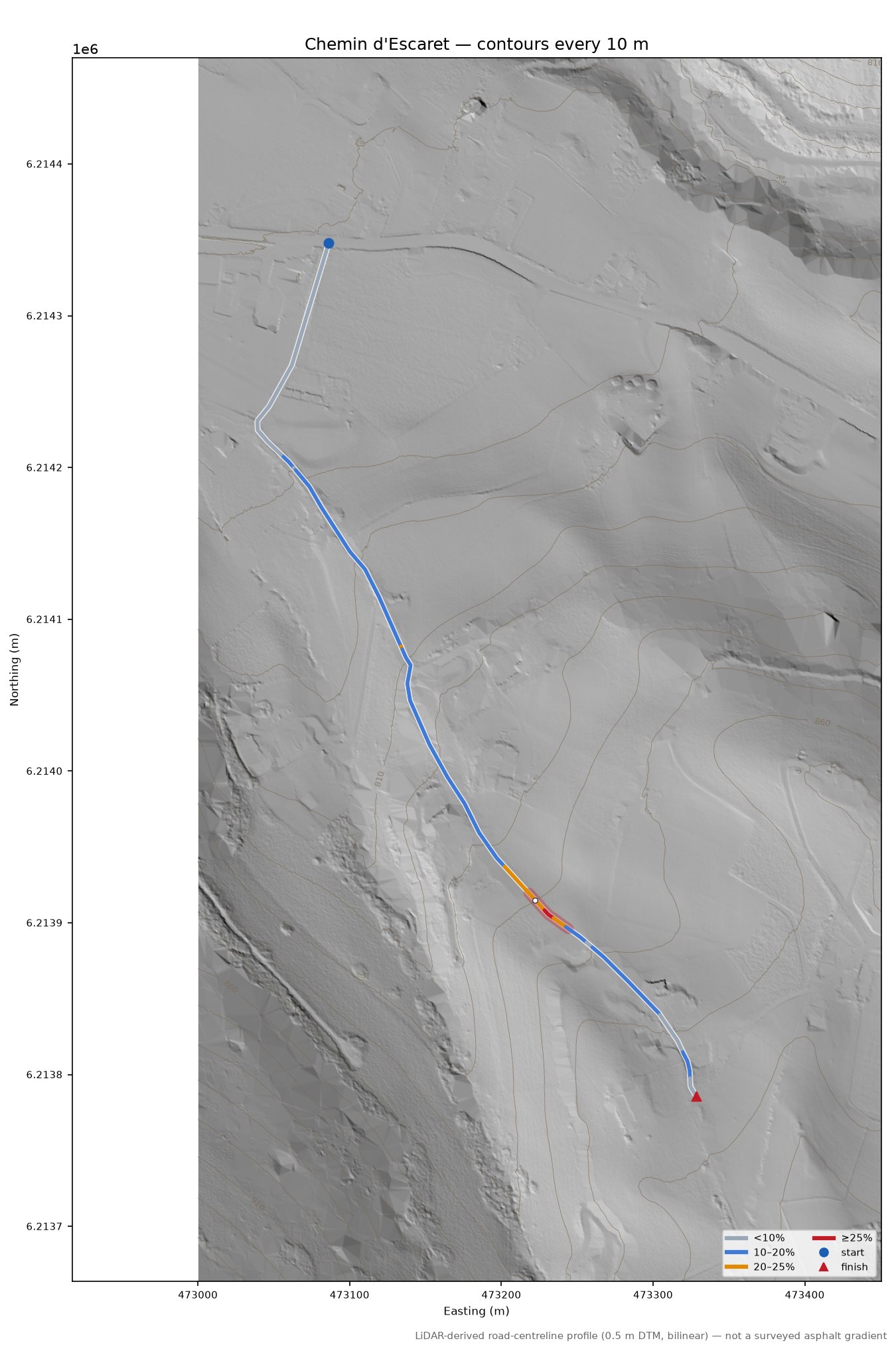 Chemin d'Escaret LiDAR hillshade map with contours