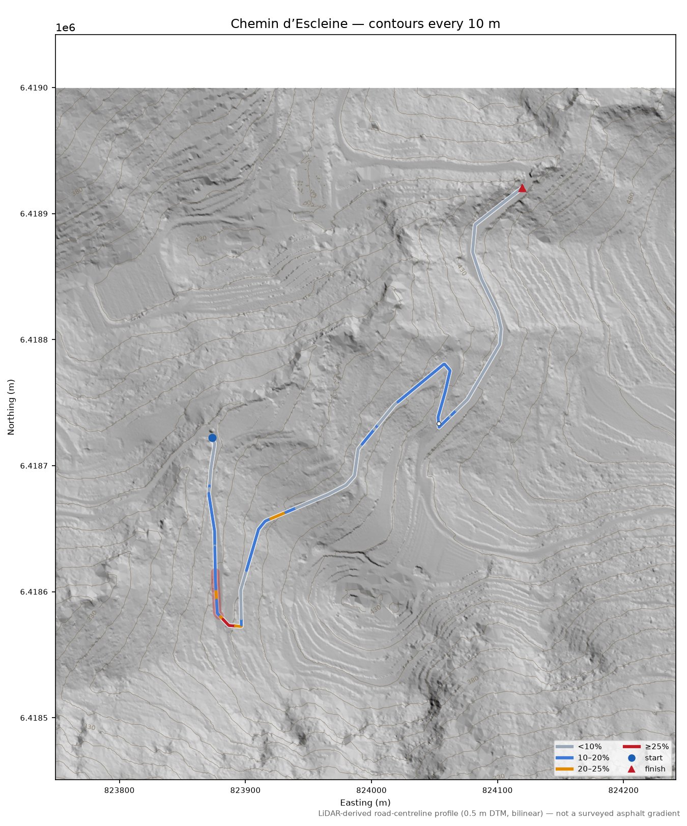 Chemin d’Escleine LiDAR hillshade map with contours