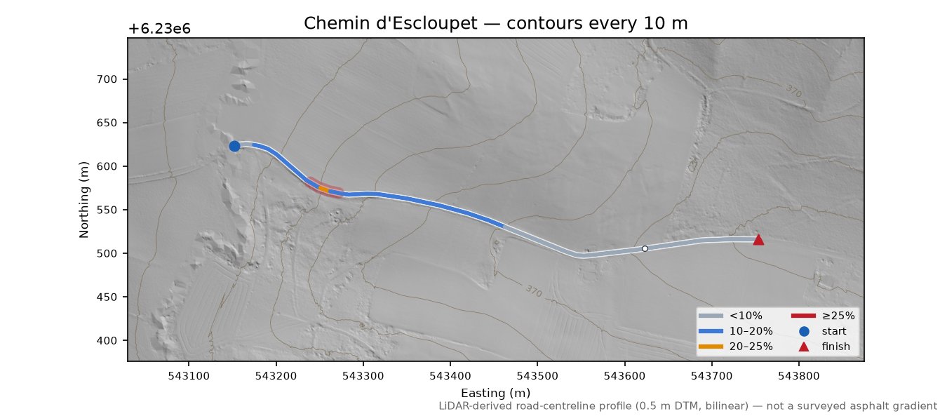 Chemin d'Escloupet LiDAR hillshade map with contours