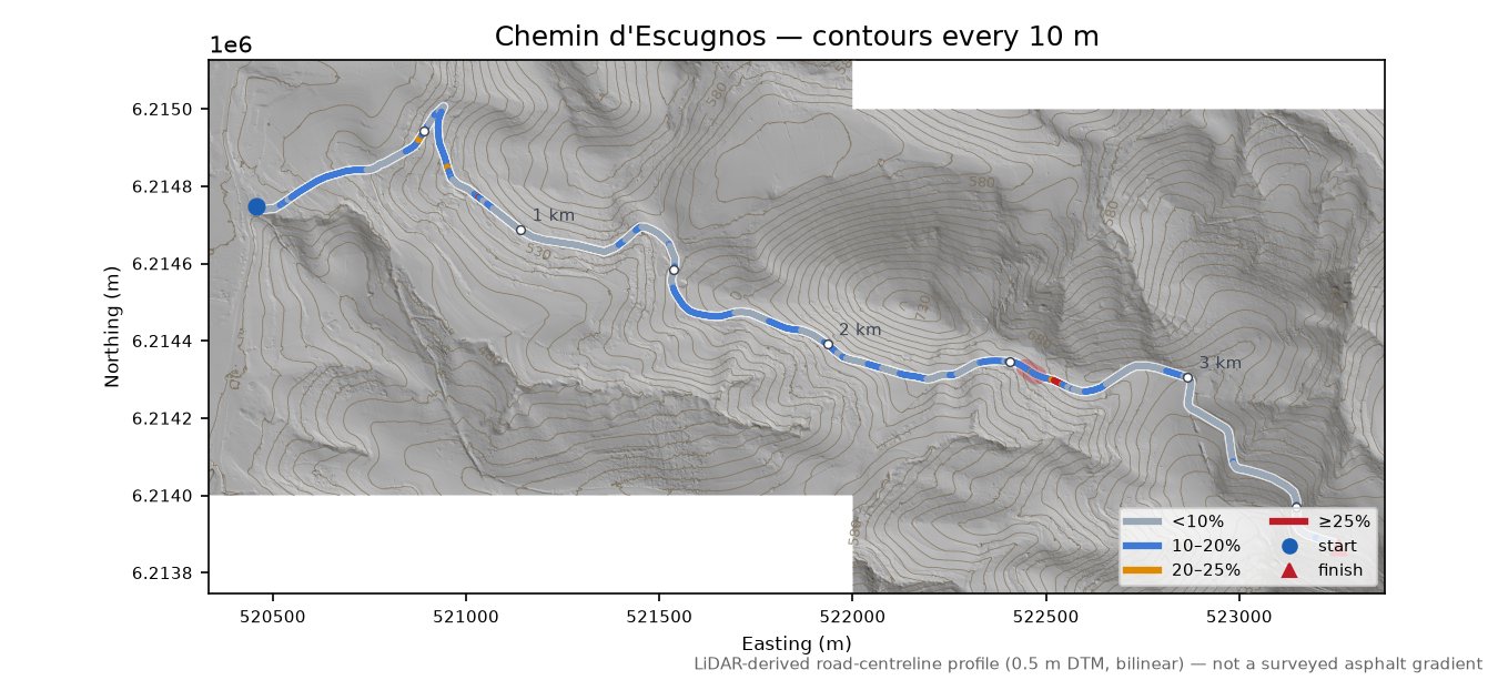 Chemin d'Escugnos LiDAR hillshade map with contours