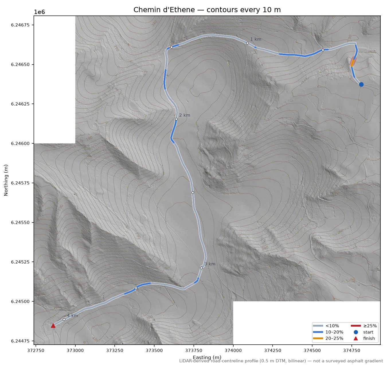 Chemin d'Ethene LiDAR hillshade map with contours