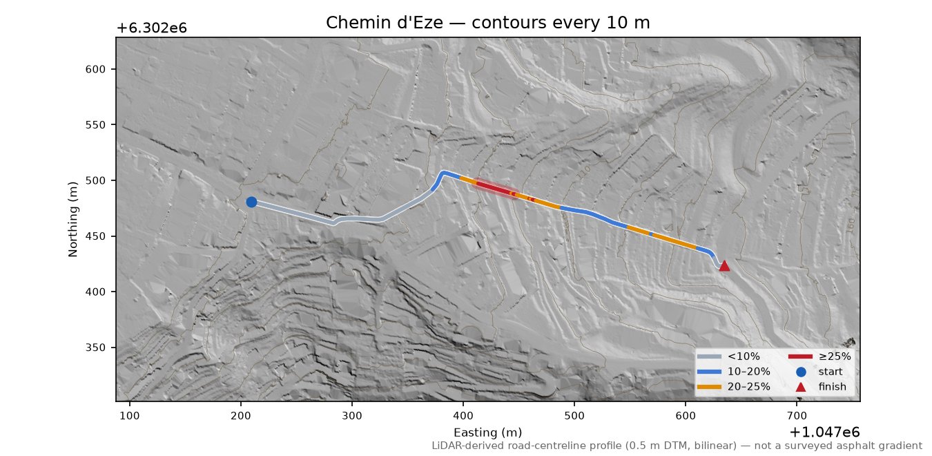 Chemin d'Eze LiDAR hillshade map with contours