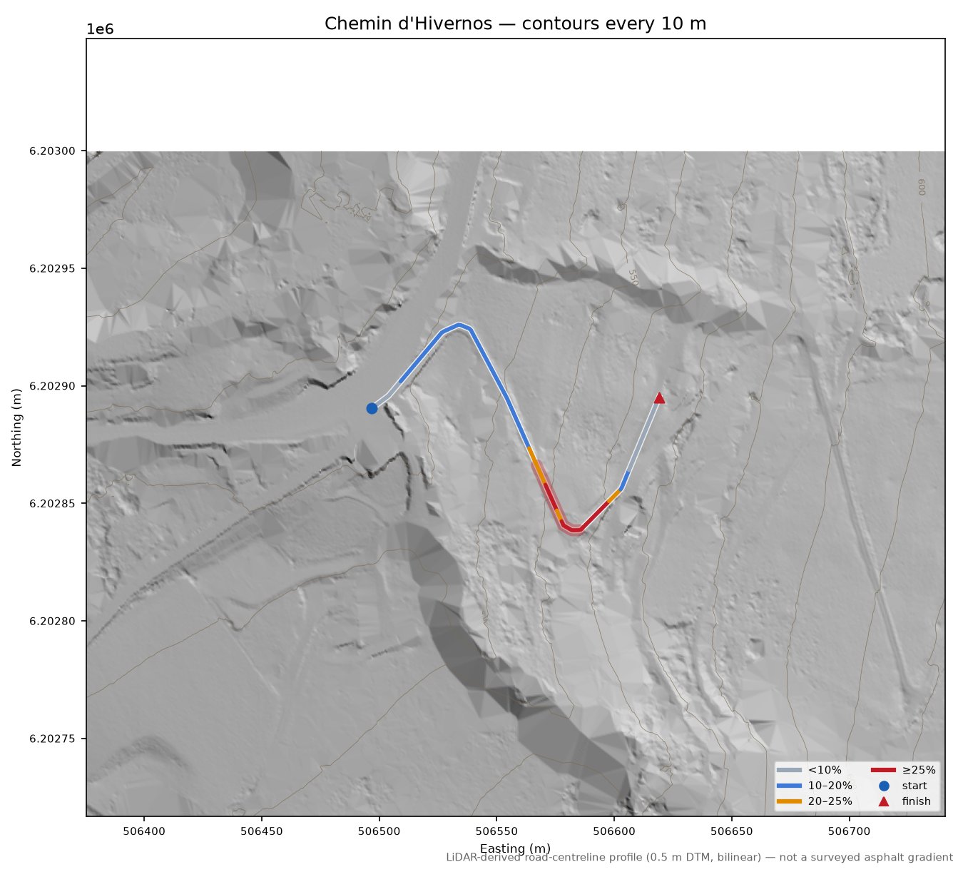 Chemin d'Hivernos LiDAR hillshade map with contours