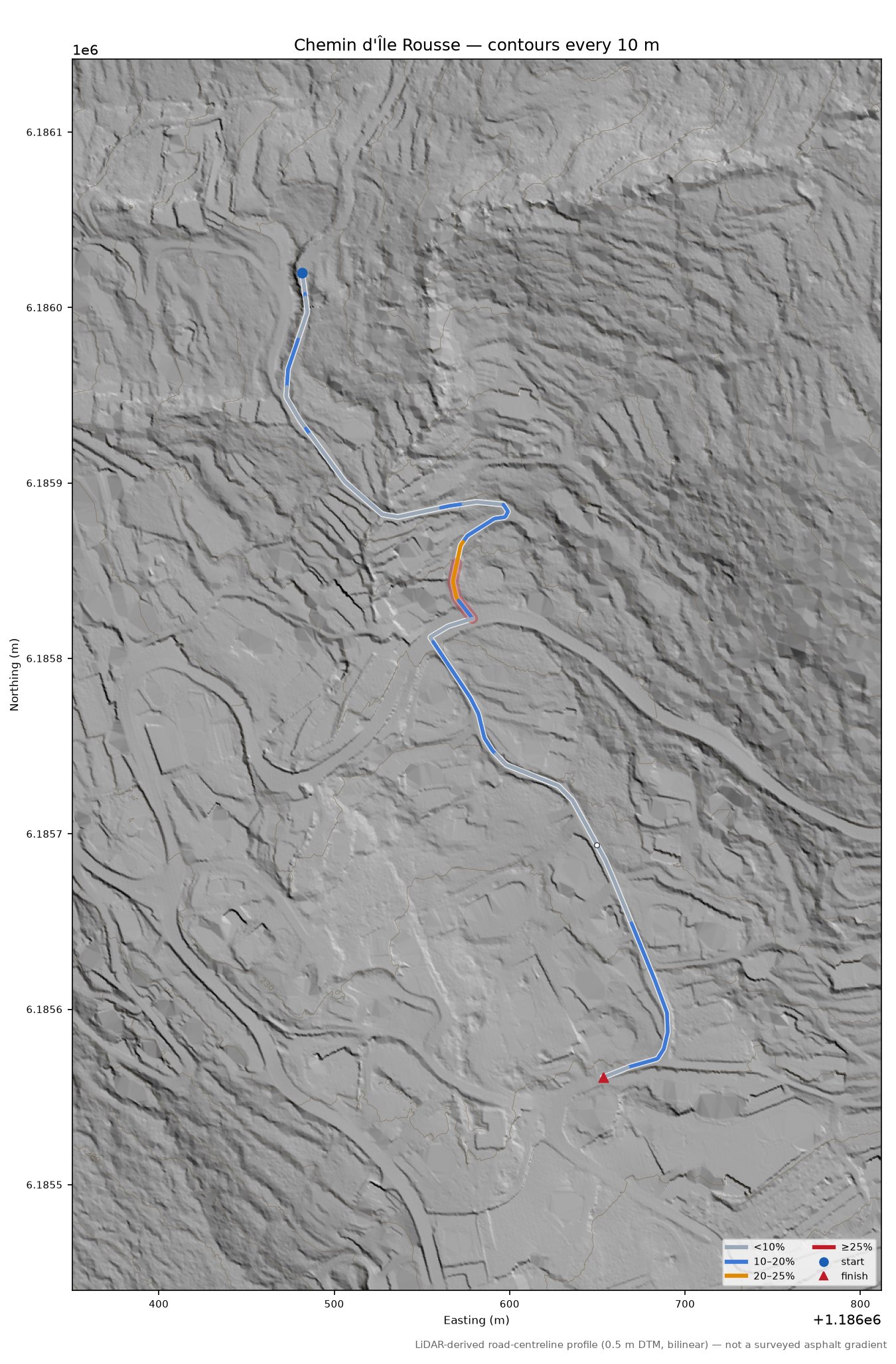 Chemin d'Île Rousse LiDAR hillshade map with contours