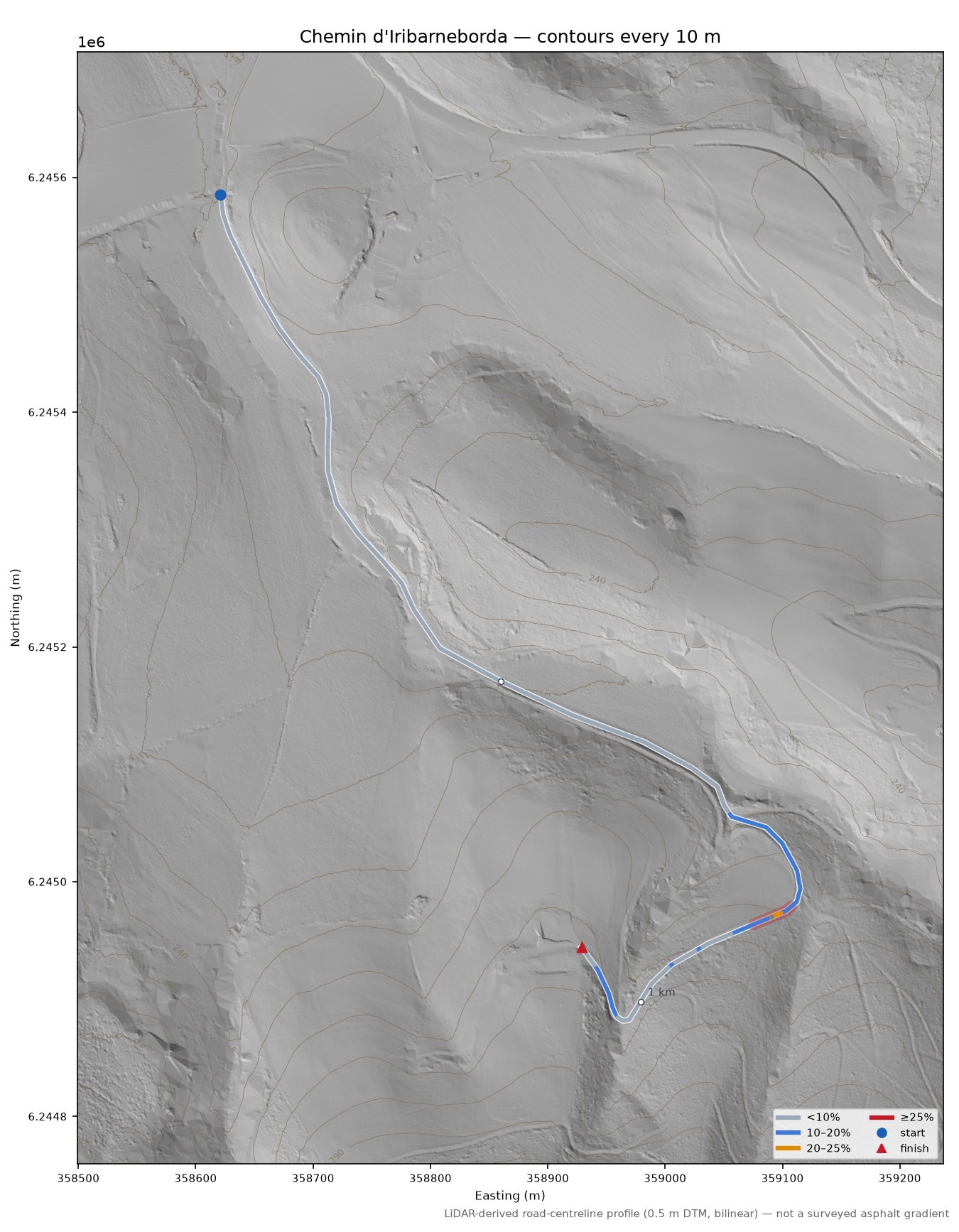 Chemin d'Iribarneborda LiDAR hillshade map with contours