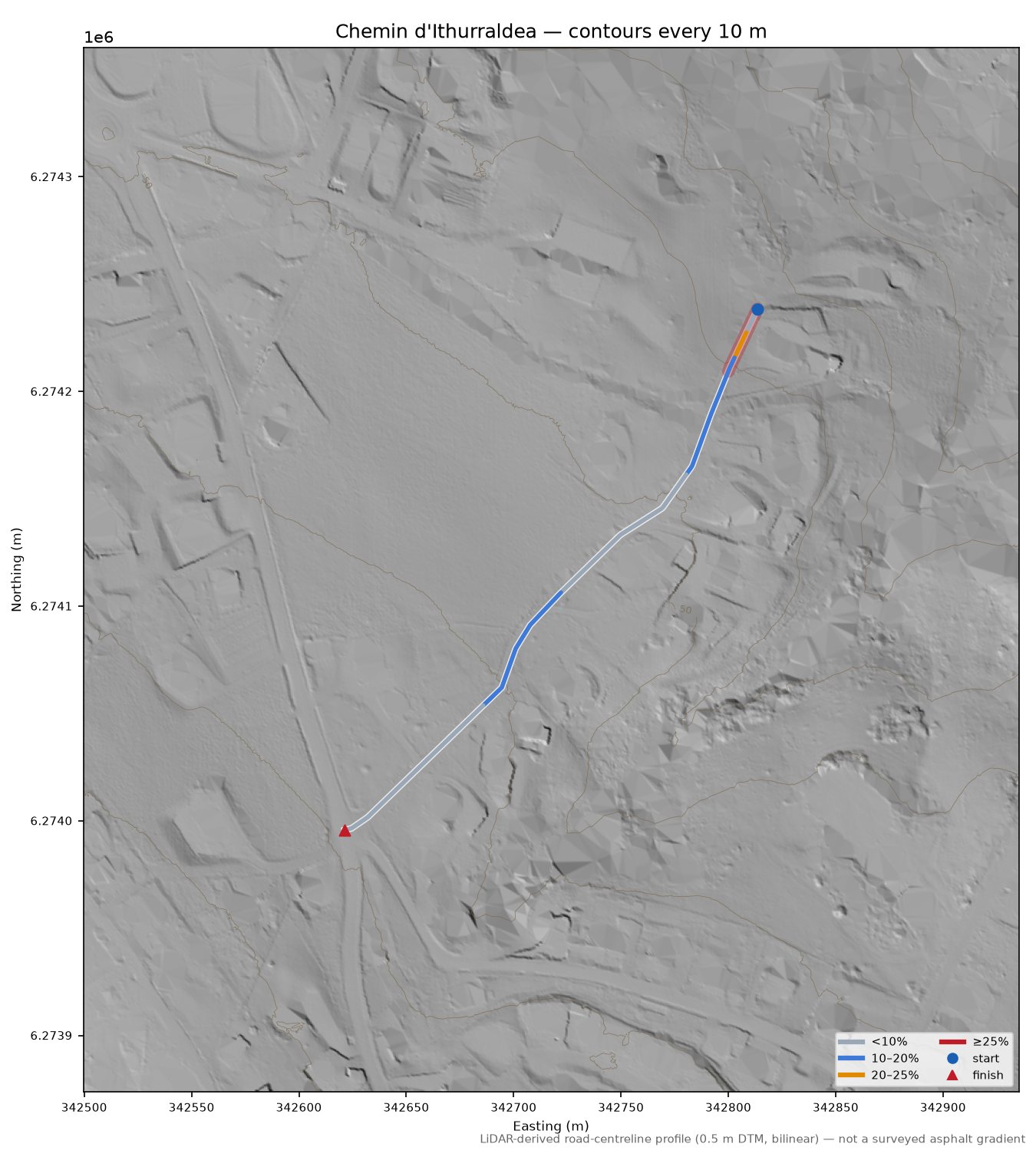 Chemin d'Ithurraldea LiDAR hillshade map with contours