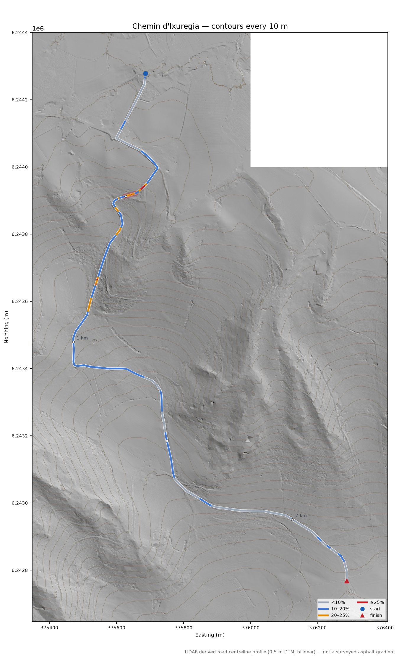 Chemin d'Ixuregia LiDAR hillshade map with contours