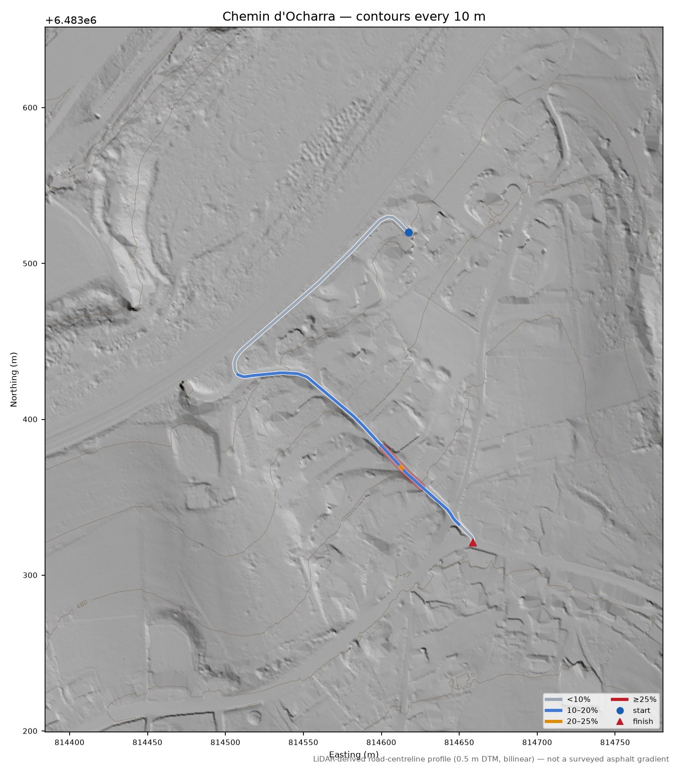 Chemin d'Ocharra LiDAR hillshade map with contours