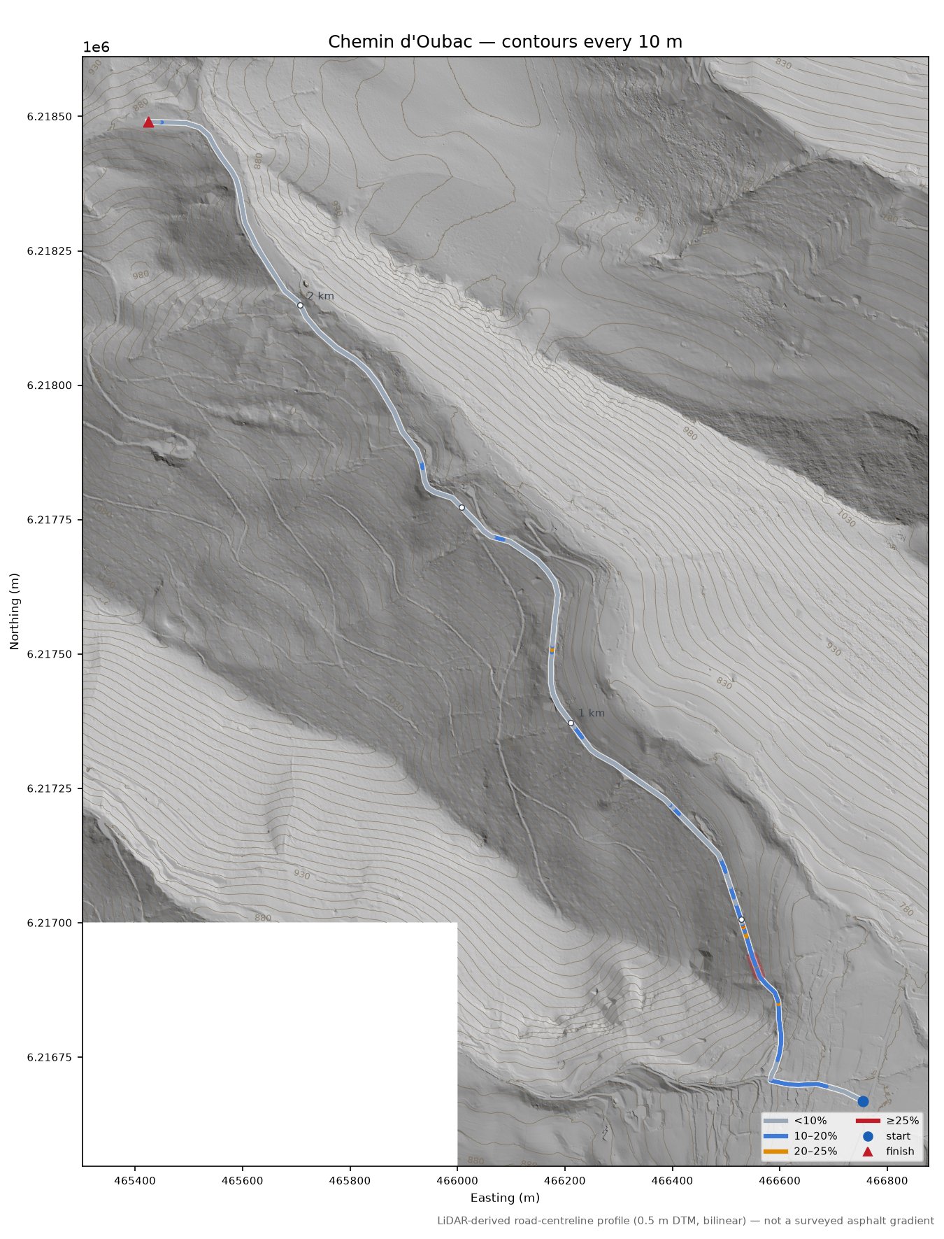 Chemin d'Oubac LiDAR hillshade map with contours