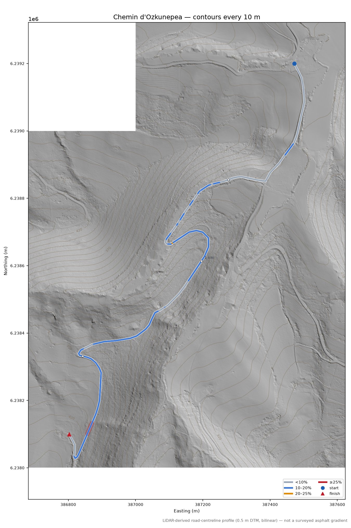 Chemin d'Ozkunepea LiDAR hillshade map with contours