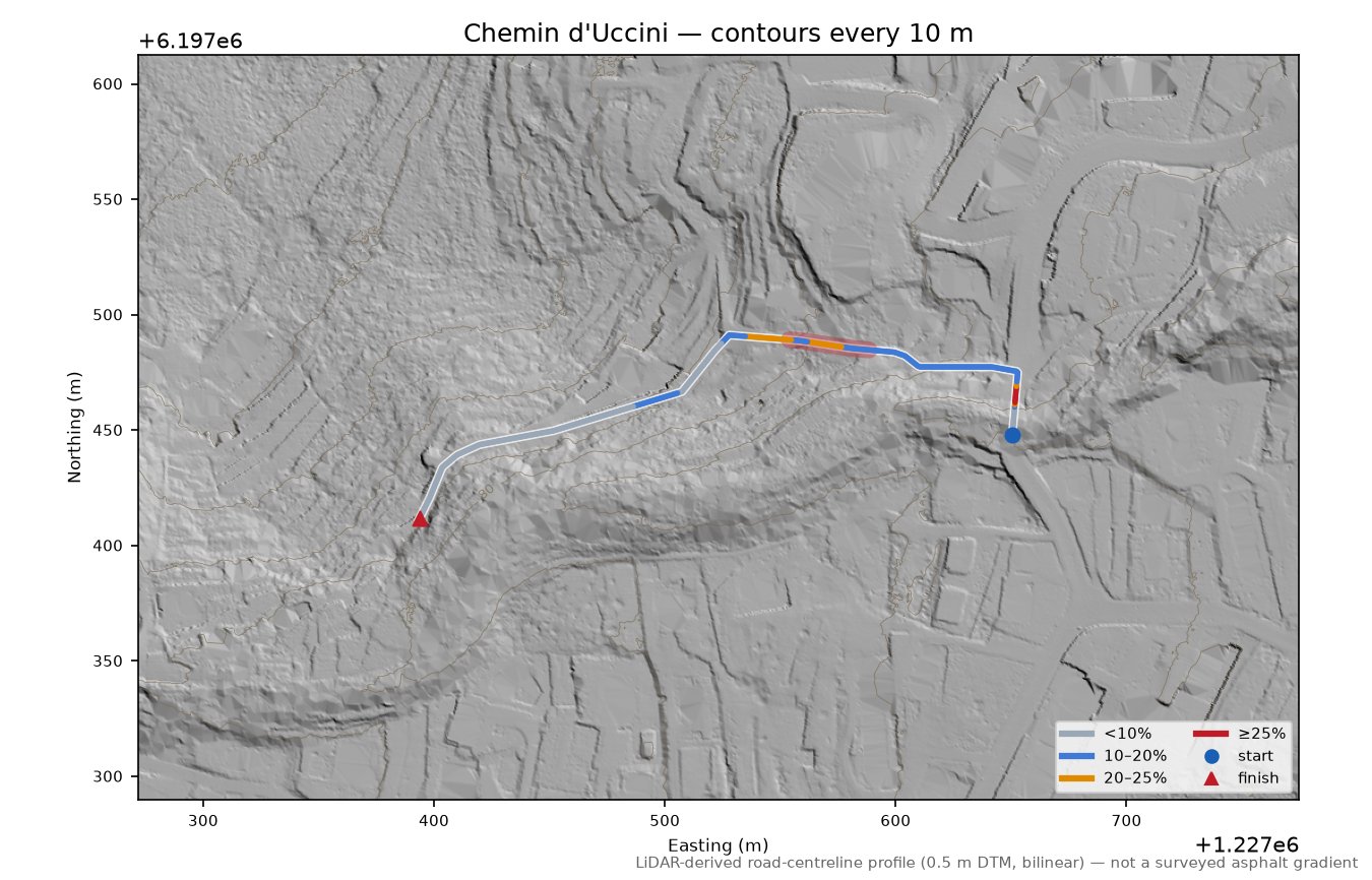 Chemin d'Uccini LiDAR hillshade map with contours