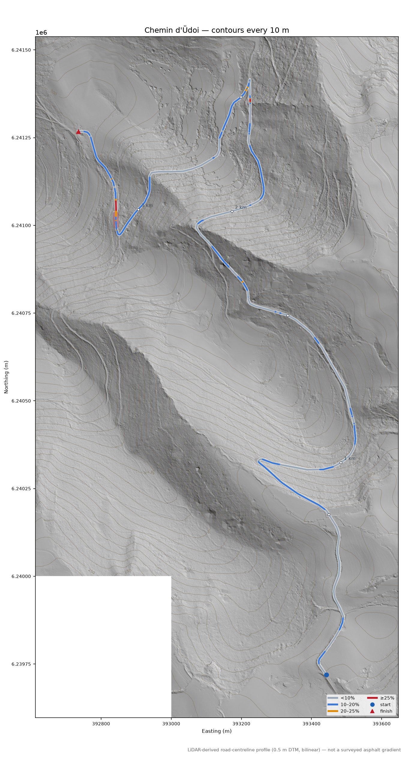 Chemin d'Üdoi LiDAR hillshade map with contours