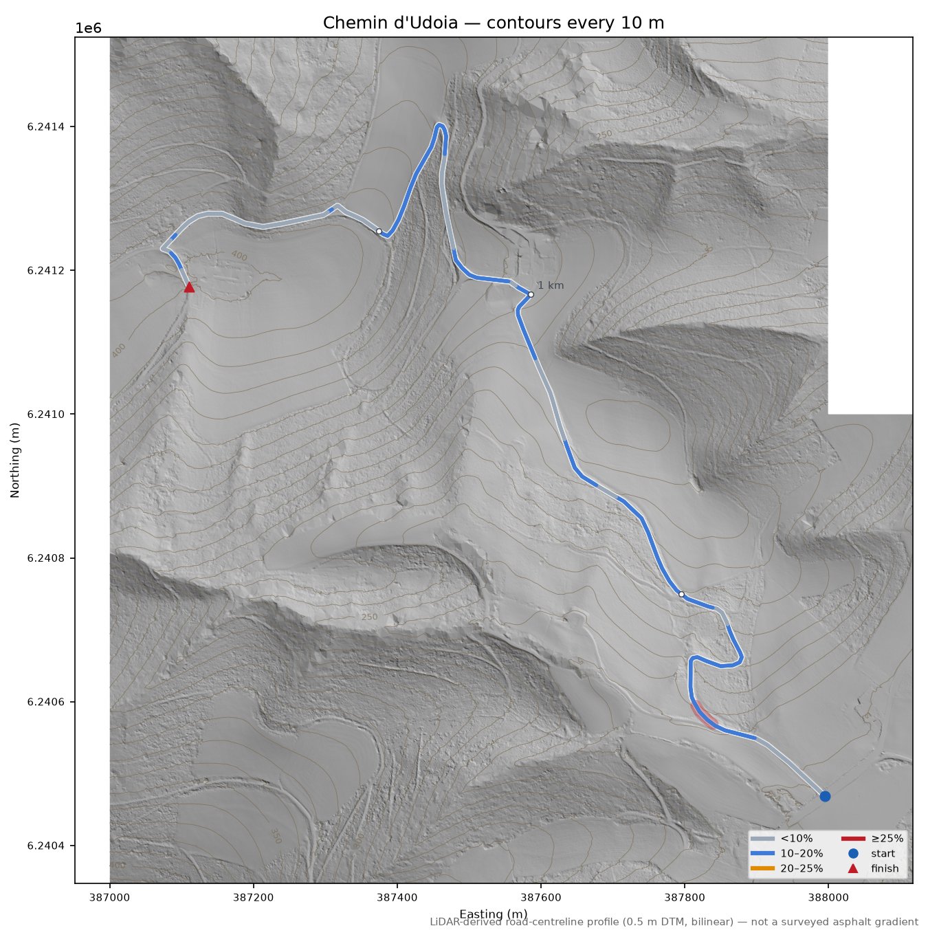 Chemin d'Udoia LiDAR hillshade map with contours