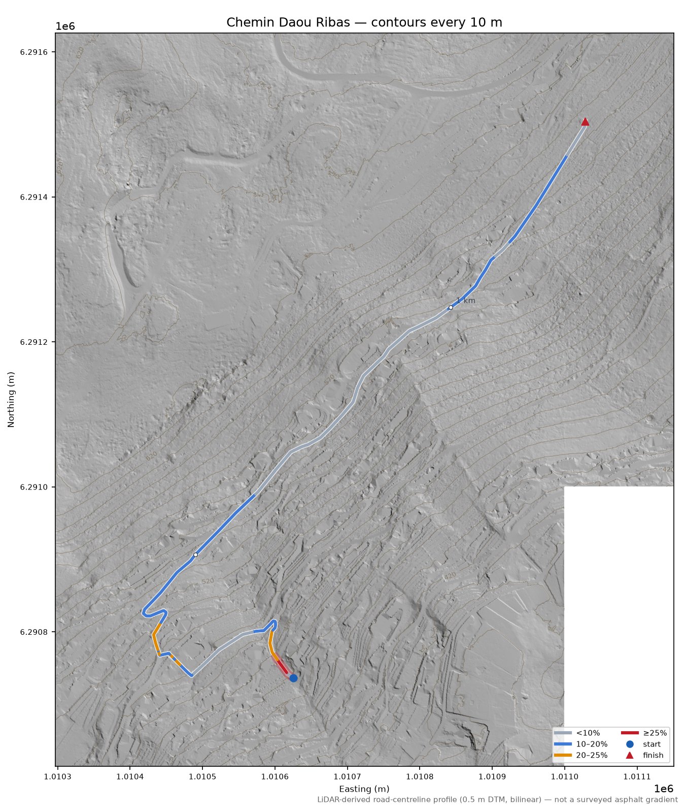 Chemin Daou Ribas LiDAR hillshade map with contours