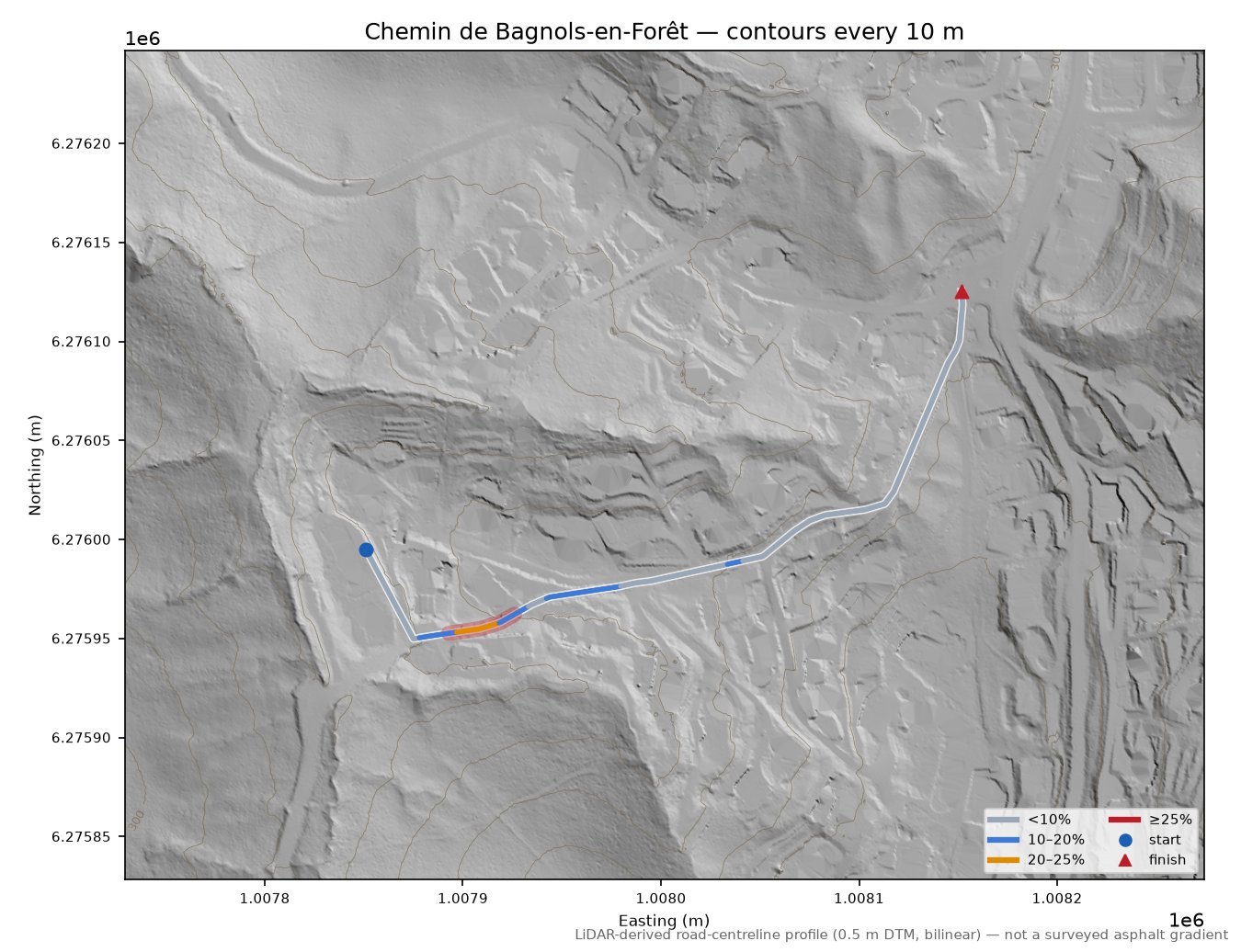 Chemin de Bagnols-en-Forêt LiDAR hillshade map with contours