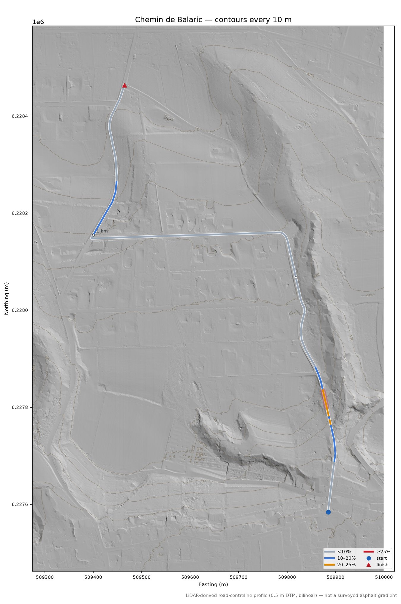 Chemin de Balaric LiDAR hillshade map with contours