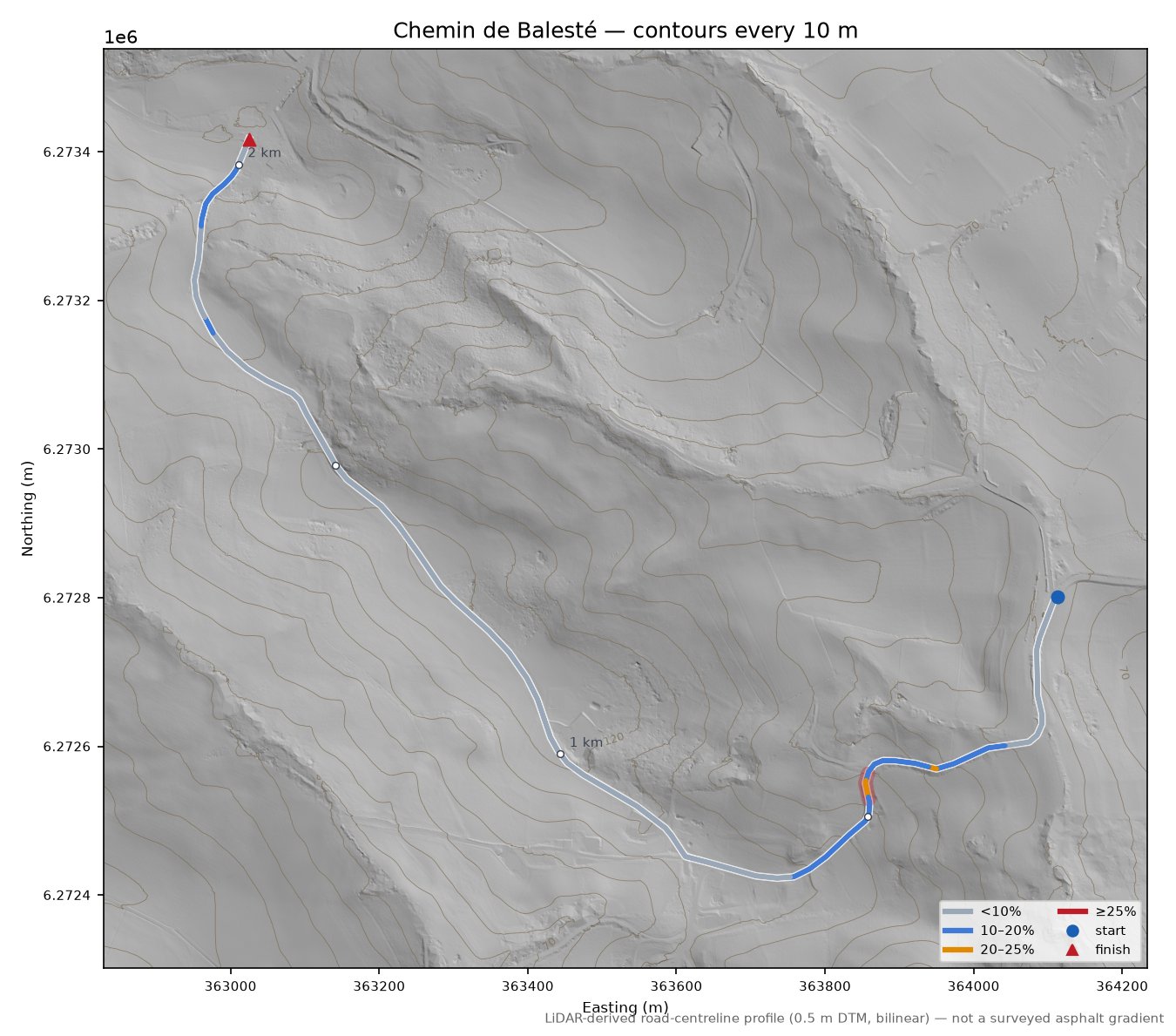 Chemin de Balesté LiDAR hillshade map with contours