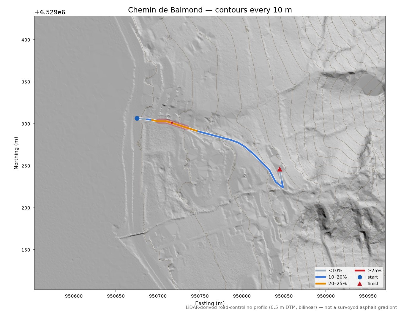 Chemin de Balmond LiDAR hillshade map with contours
