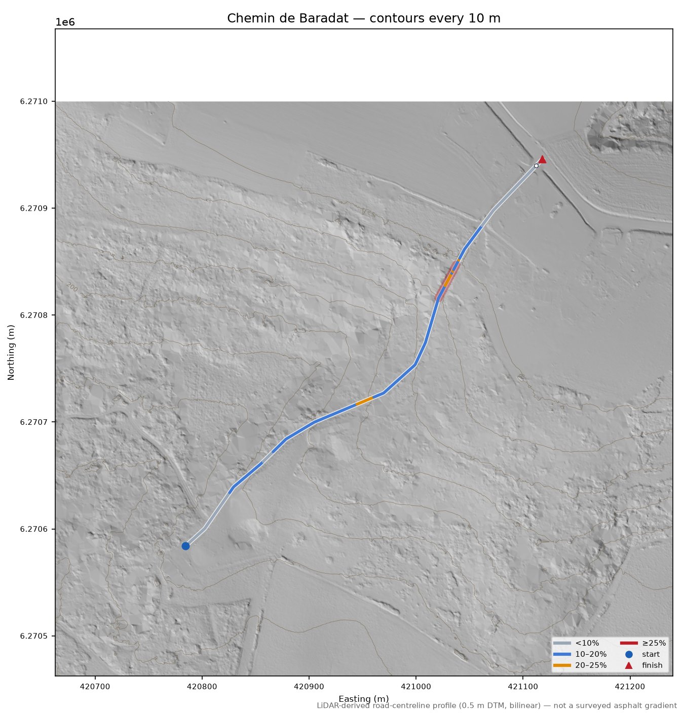 Chemin de Baradat LiDAR hillshade map with contours