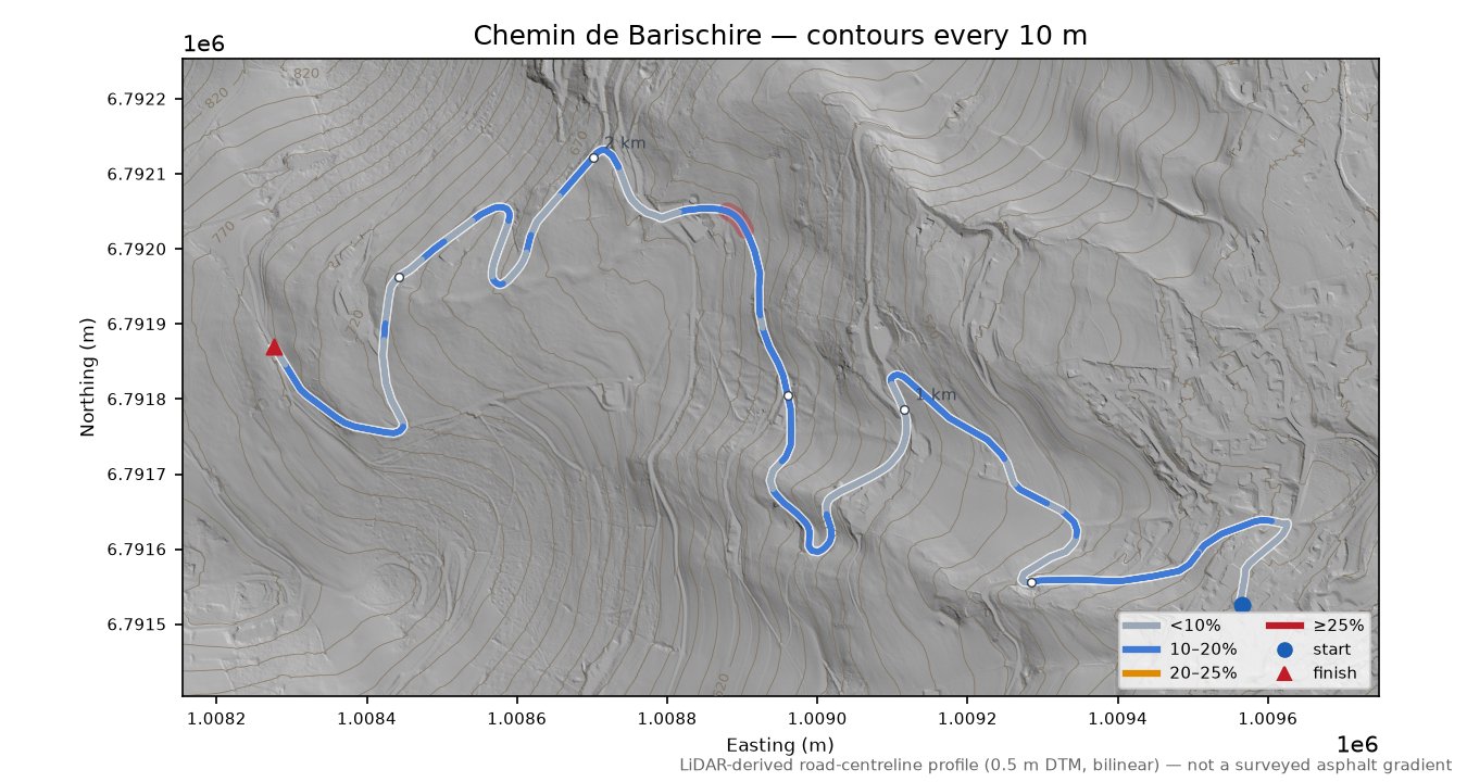 Chemin de Barischire LiDAR hillshade map with contours