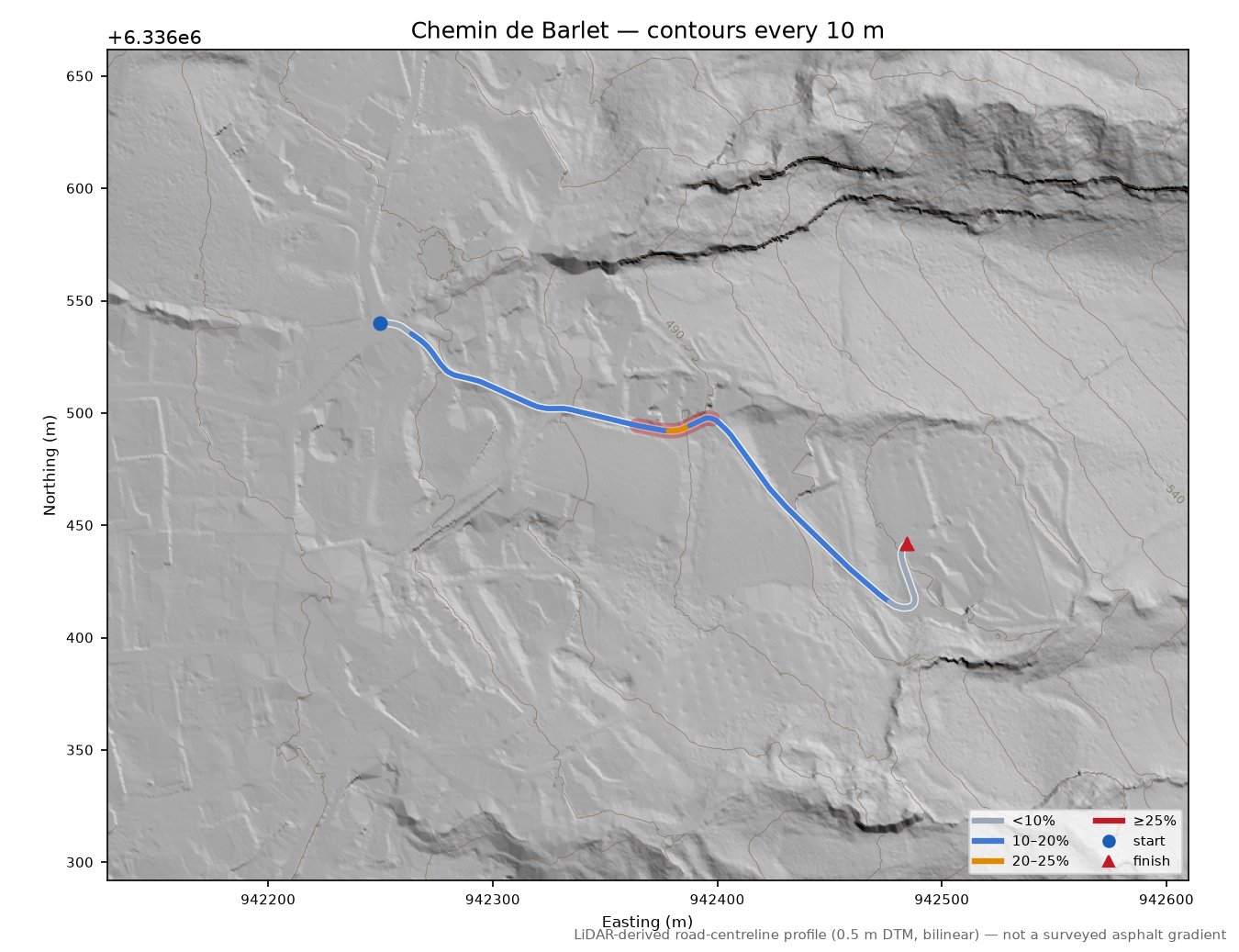 Chemin de Barlet LiDAR hillshade map with contours