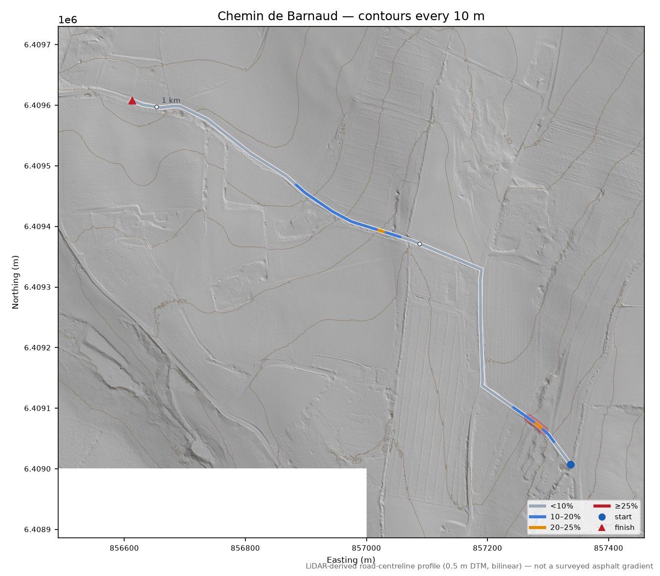 Chemin de Barnaud LiDAR hillshade map with contours