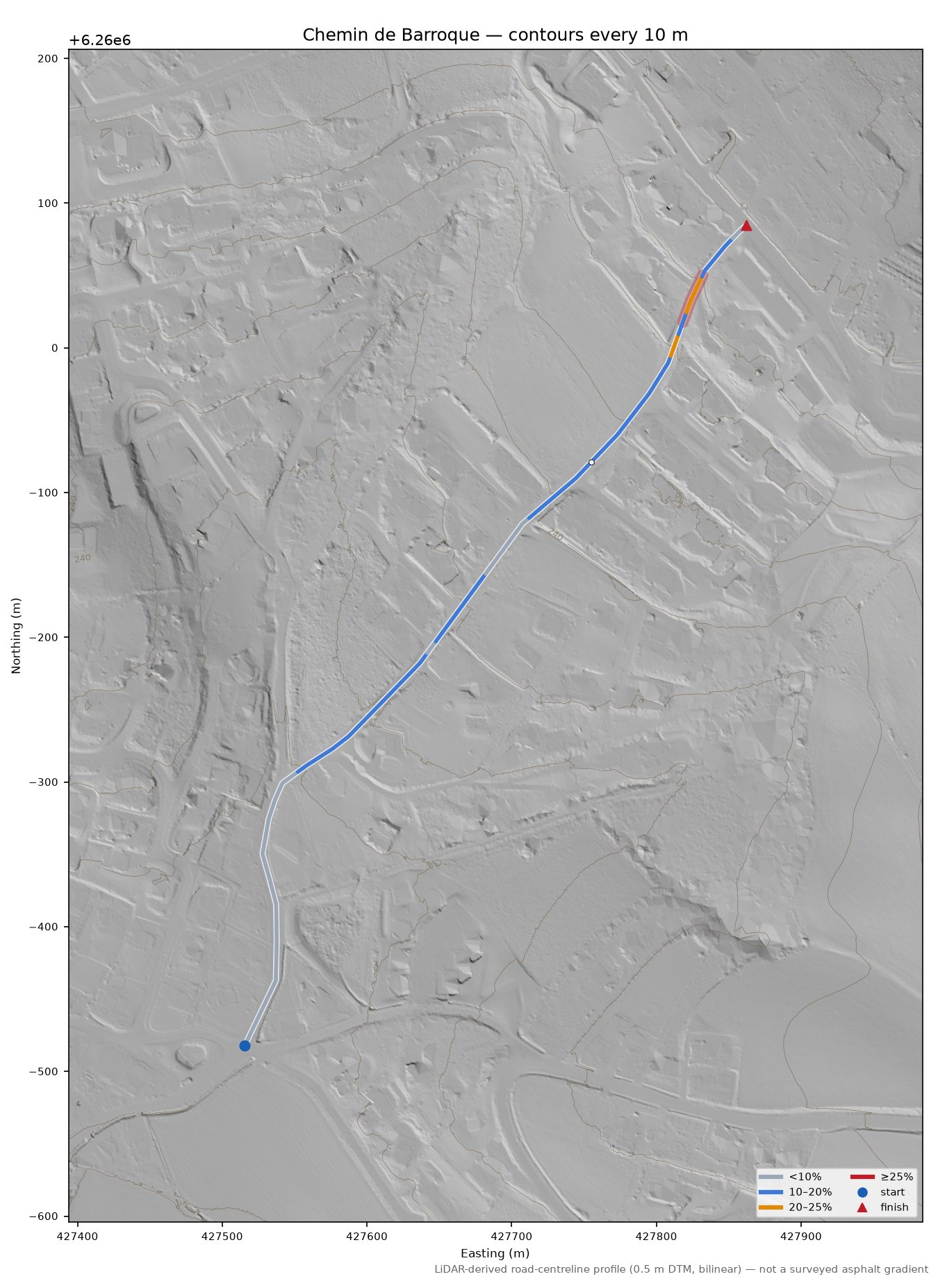 Chemin de Barroque LiDAR hillshade map with contours