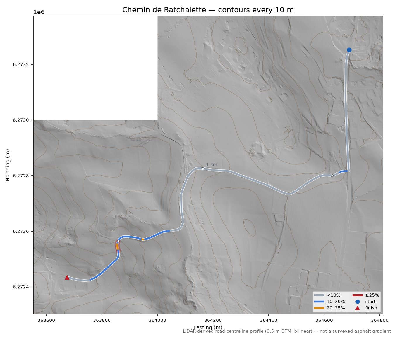 Chemin de Batchalette LiDAR hillshade map with contours