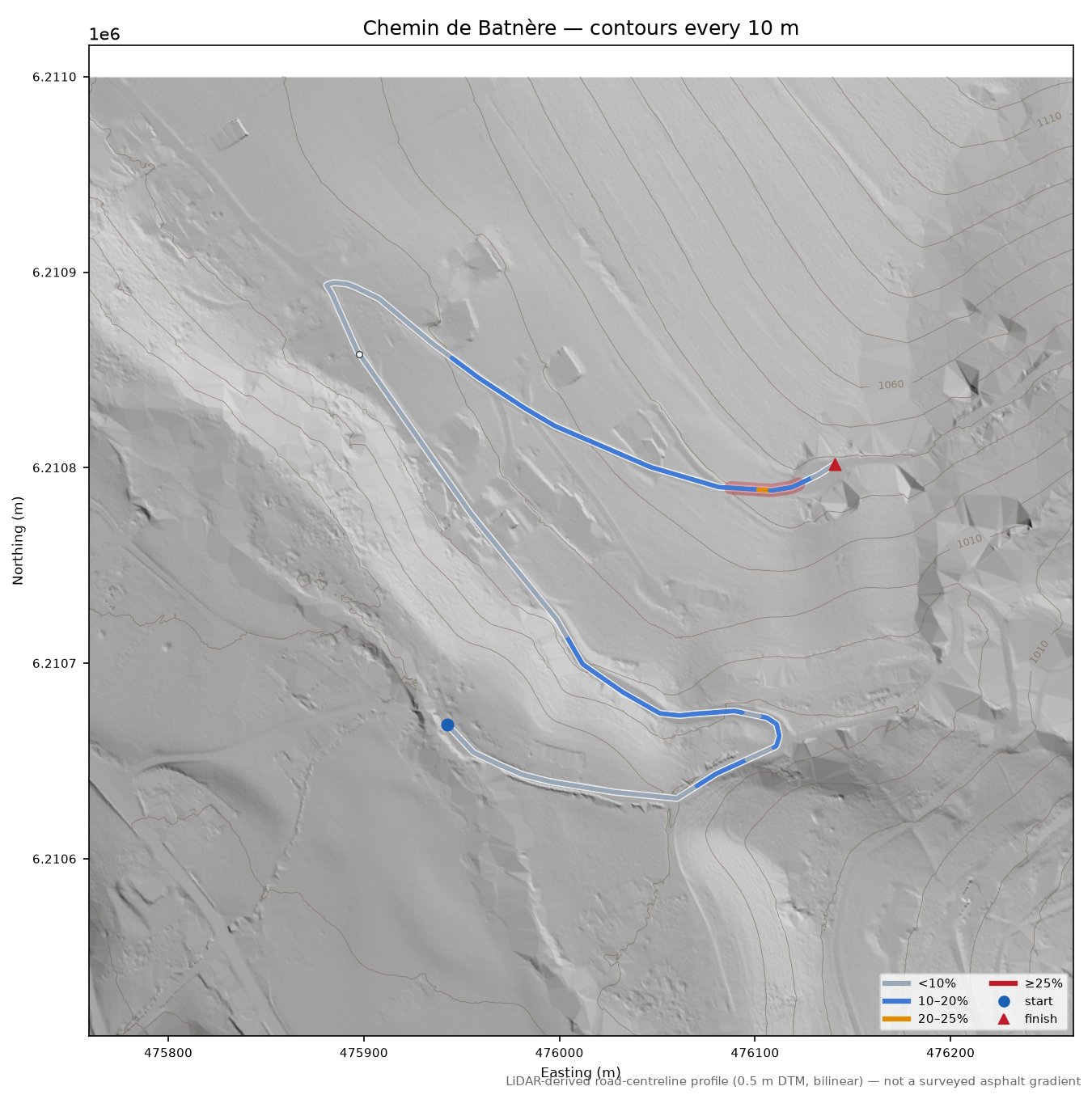 Chemin de Batnère LiDAR hillshade map with contours