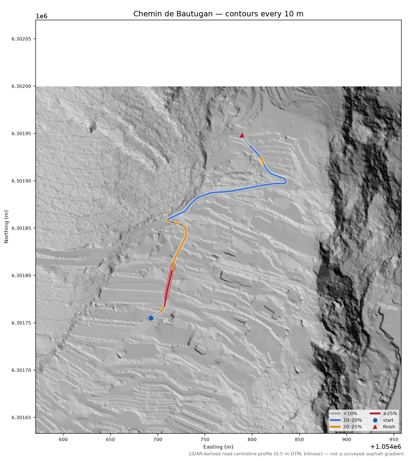 Chemin de Bautugan LiDAR hillshade map with contours