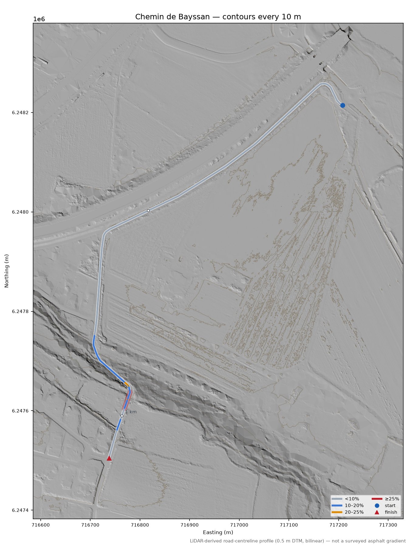 Chemin de Bayssan LiDAR hillshade map with contours
