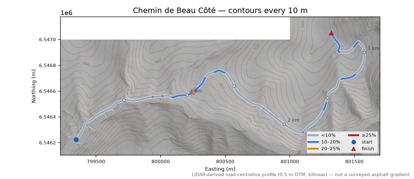 Chemin de Beau Côté LiDAR hillshade map with contours